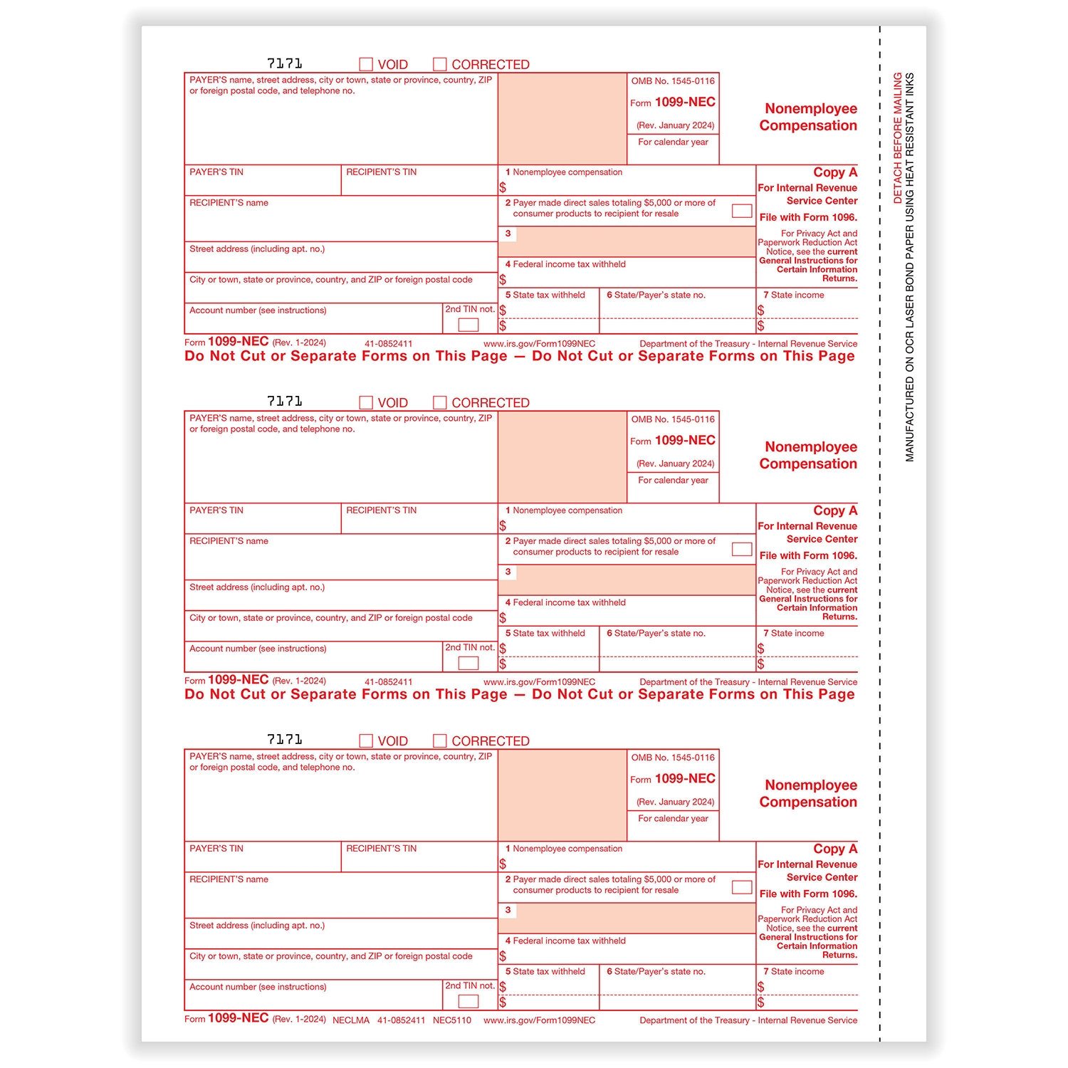 1099 NEC 3 Up Individual Fed Copy A Formstax