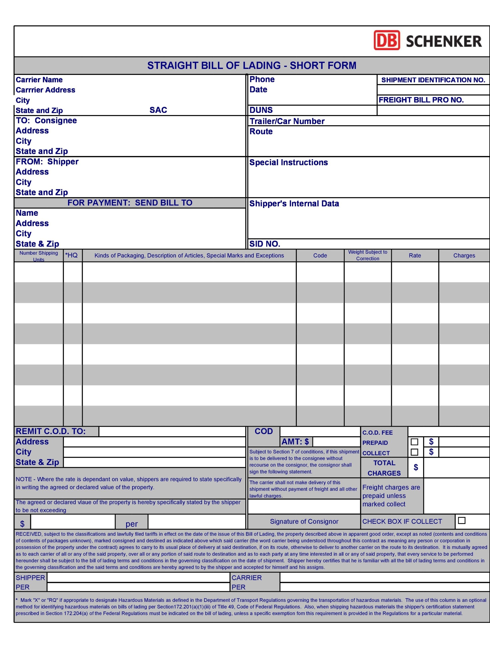 Bill Of Lading Printable Form