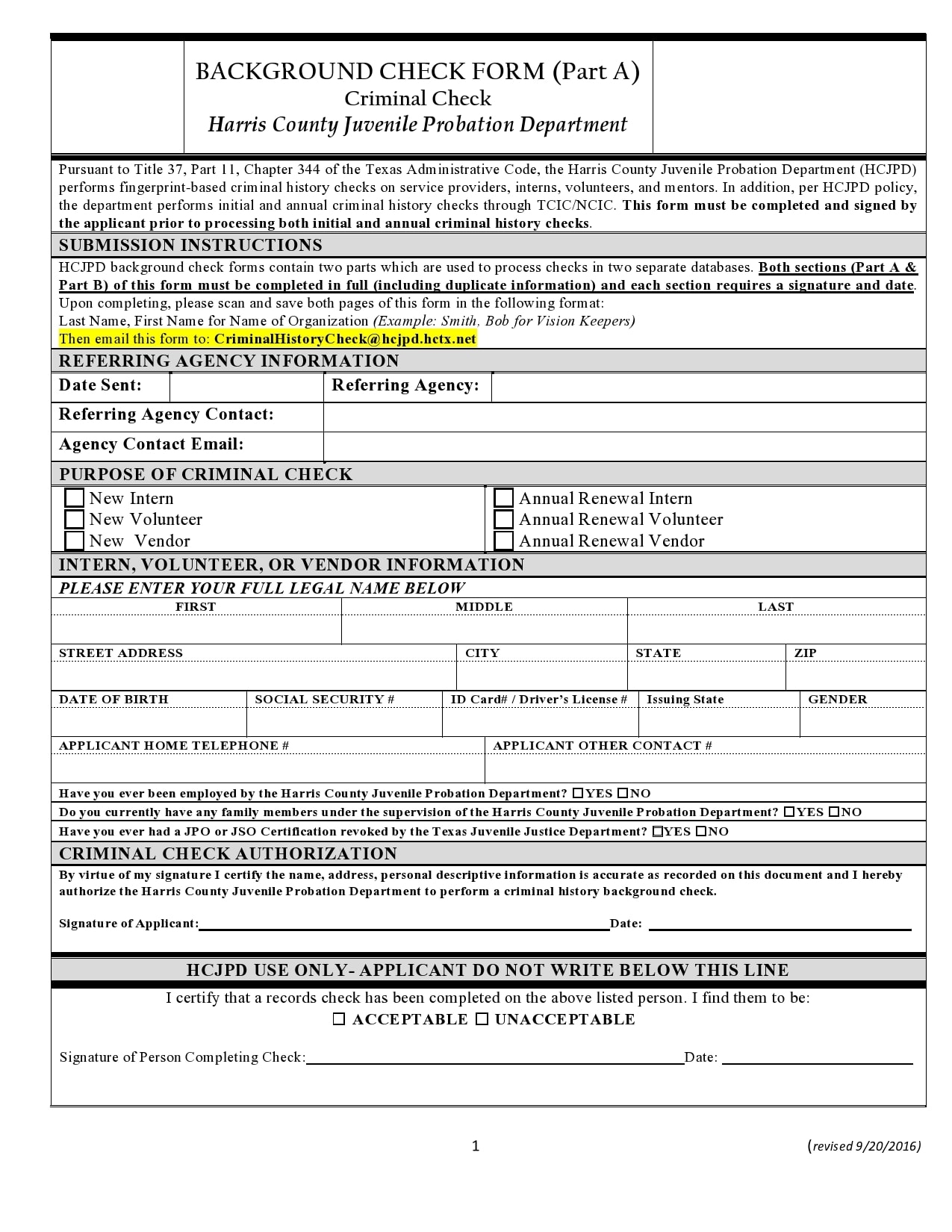 Printable Employment Background Check Form