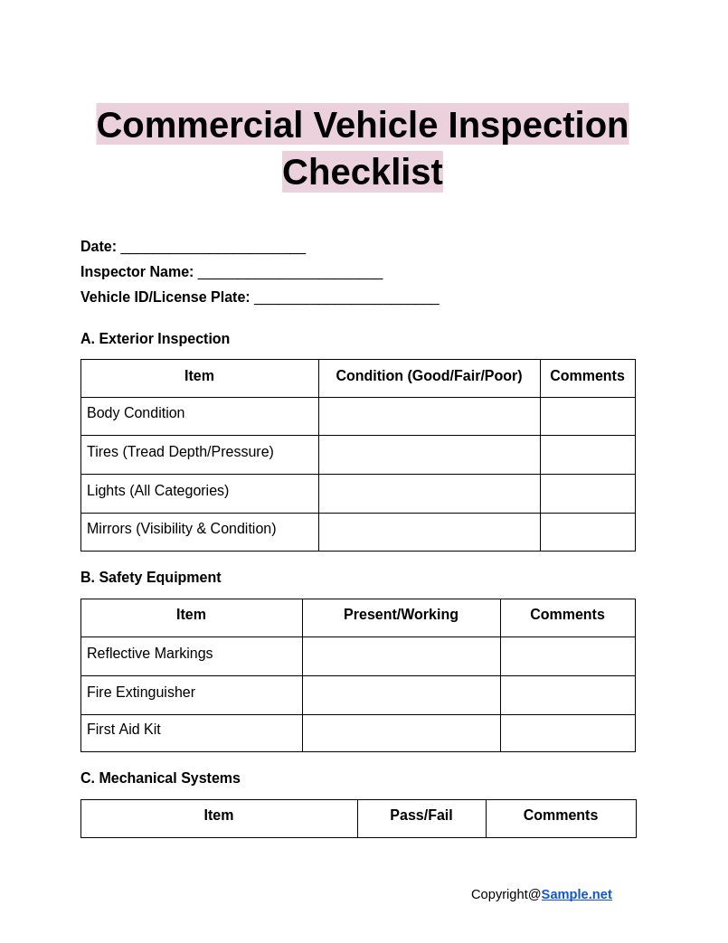 Free Printable Vehicle Inspection Form