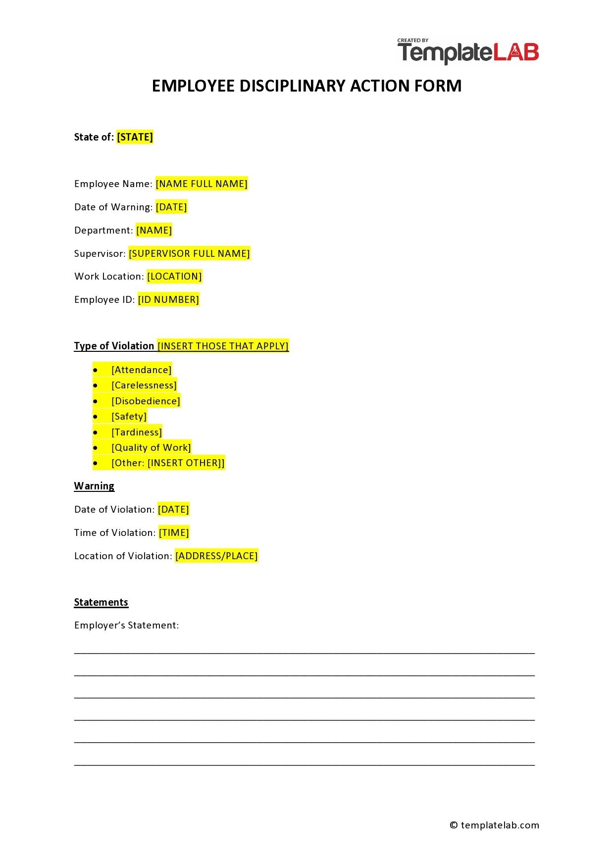 Printable Disciplinary Action Form