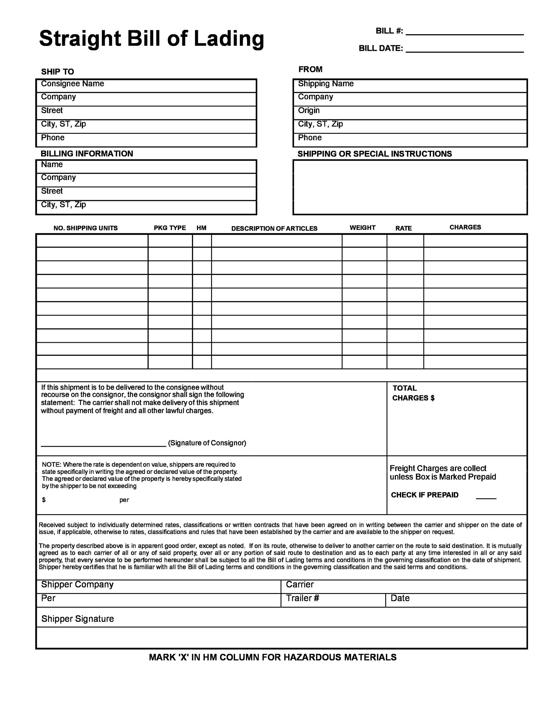 40 Free Bill Of Lading Forms Templates TemplateLab