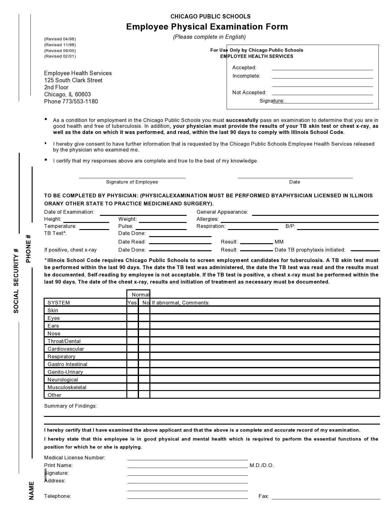 Employment Printable Blank Physical Form