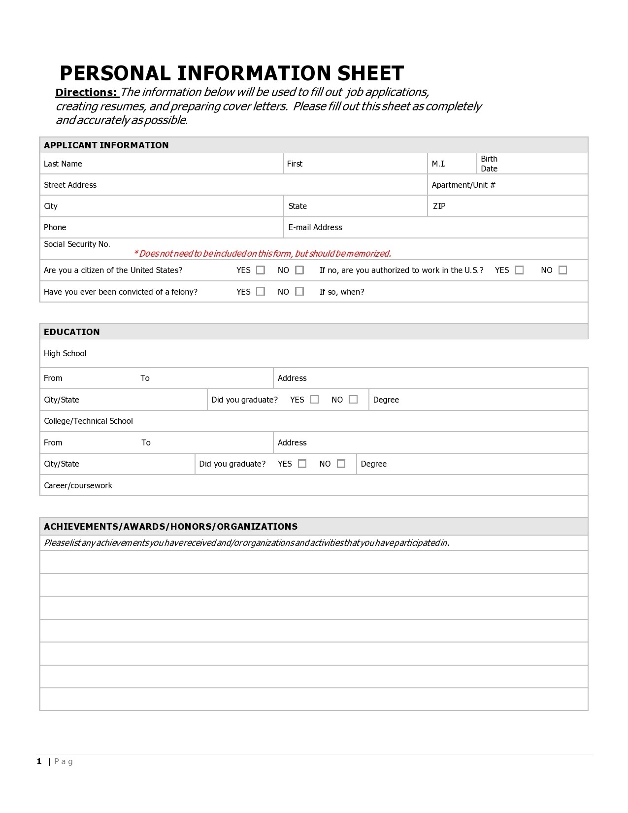41 Free Personal Information Forms Templates TemplateLab