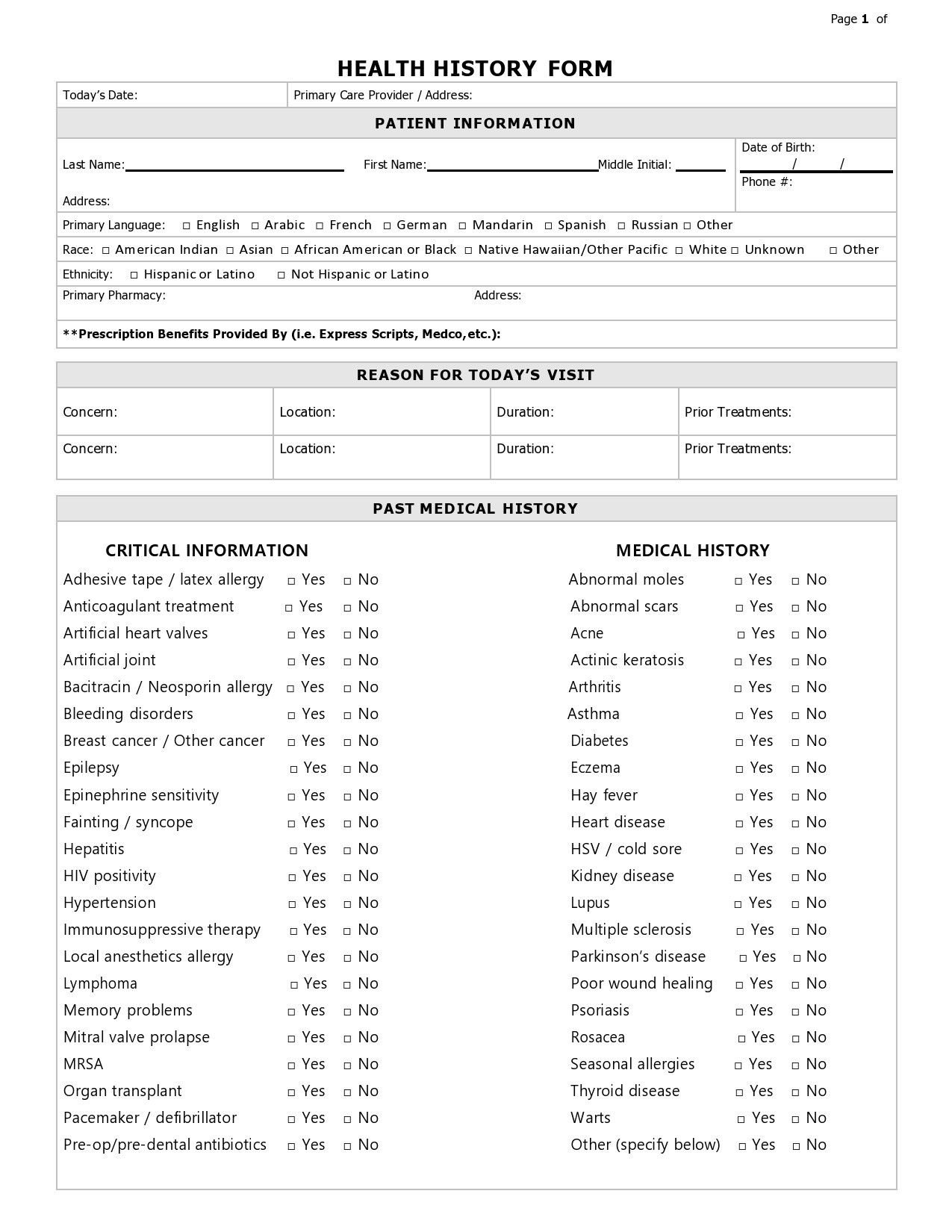 General Printable Medical History Form Template