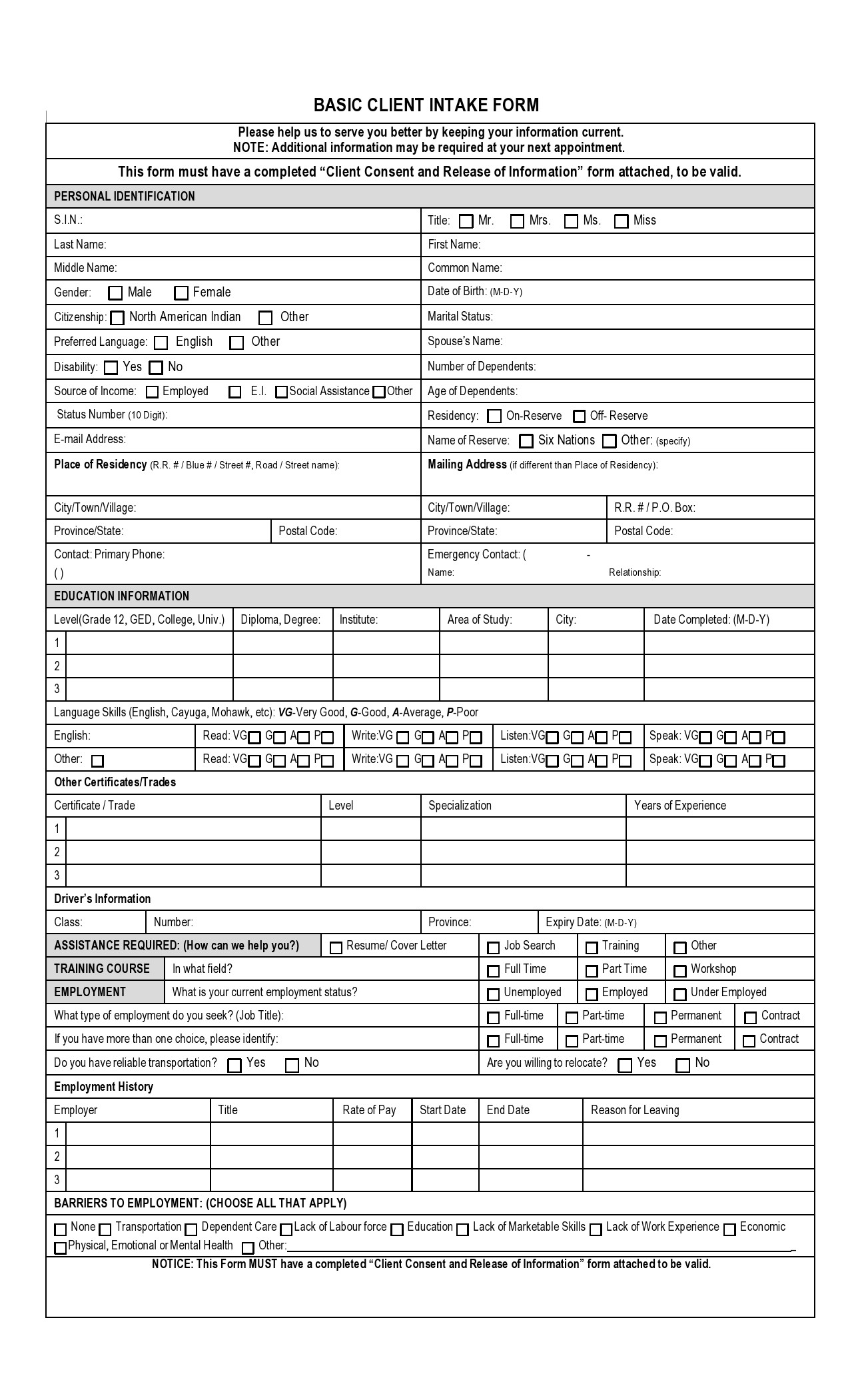 Printable Medical Intake Form Template