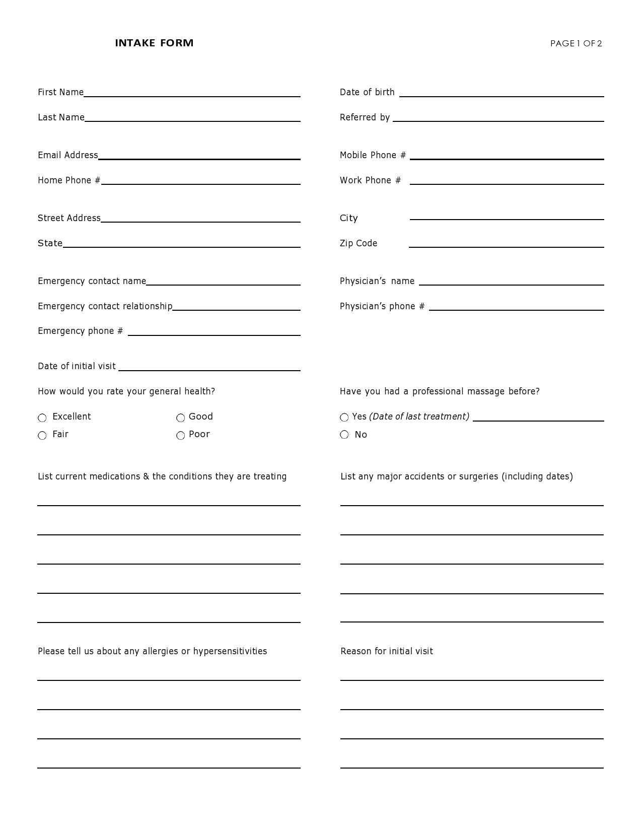 Printable Massage Intake Forms