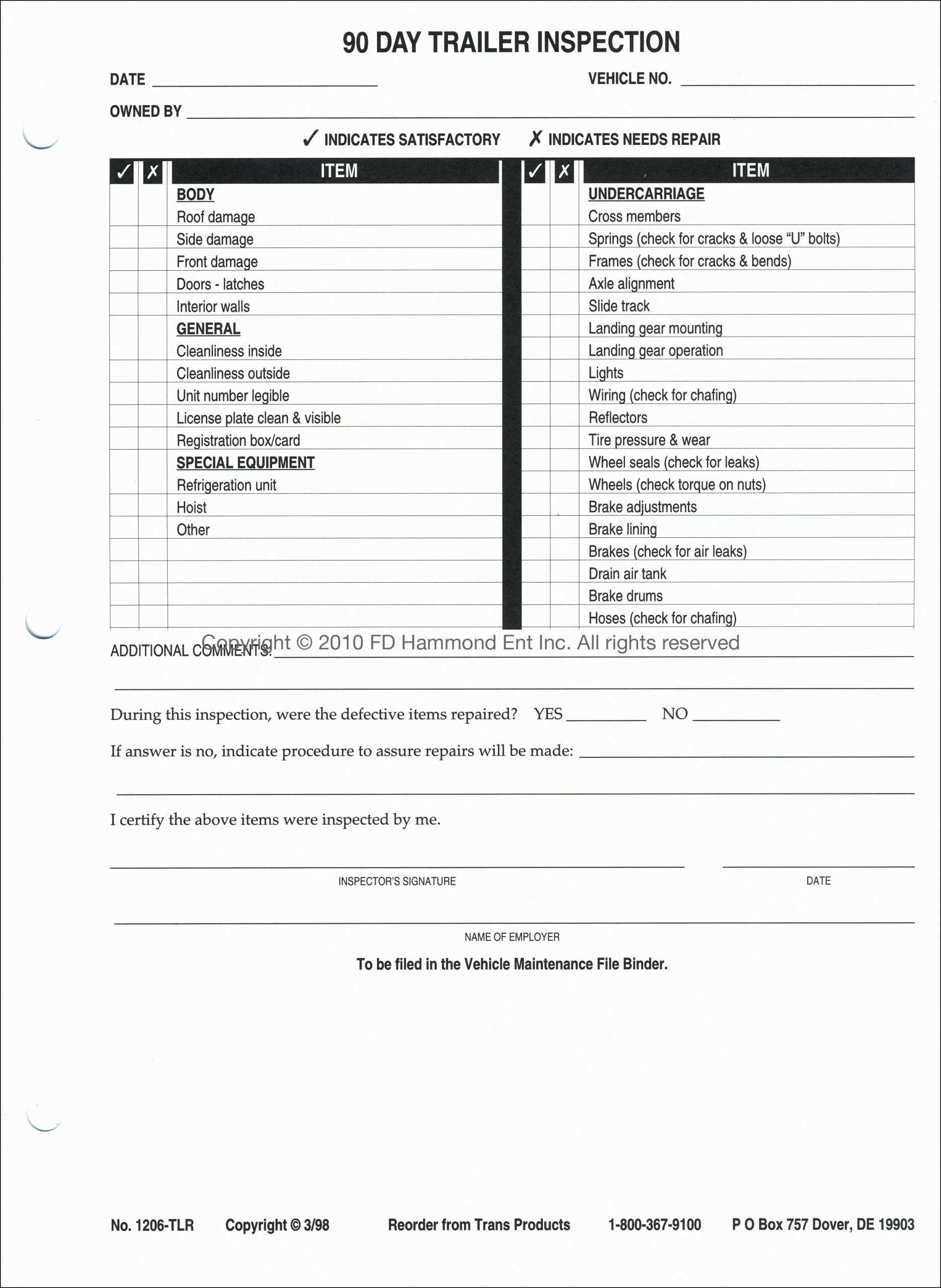 90 Day Trailer Inspection Sheets No 1206 TLR TransProducts