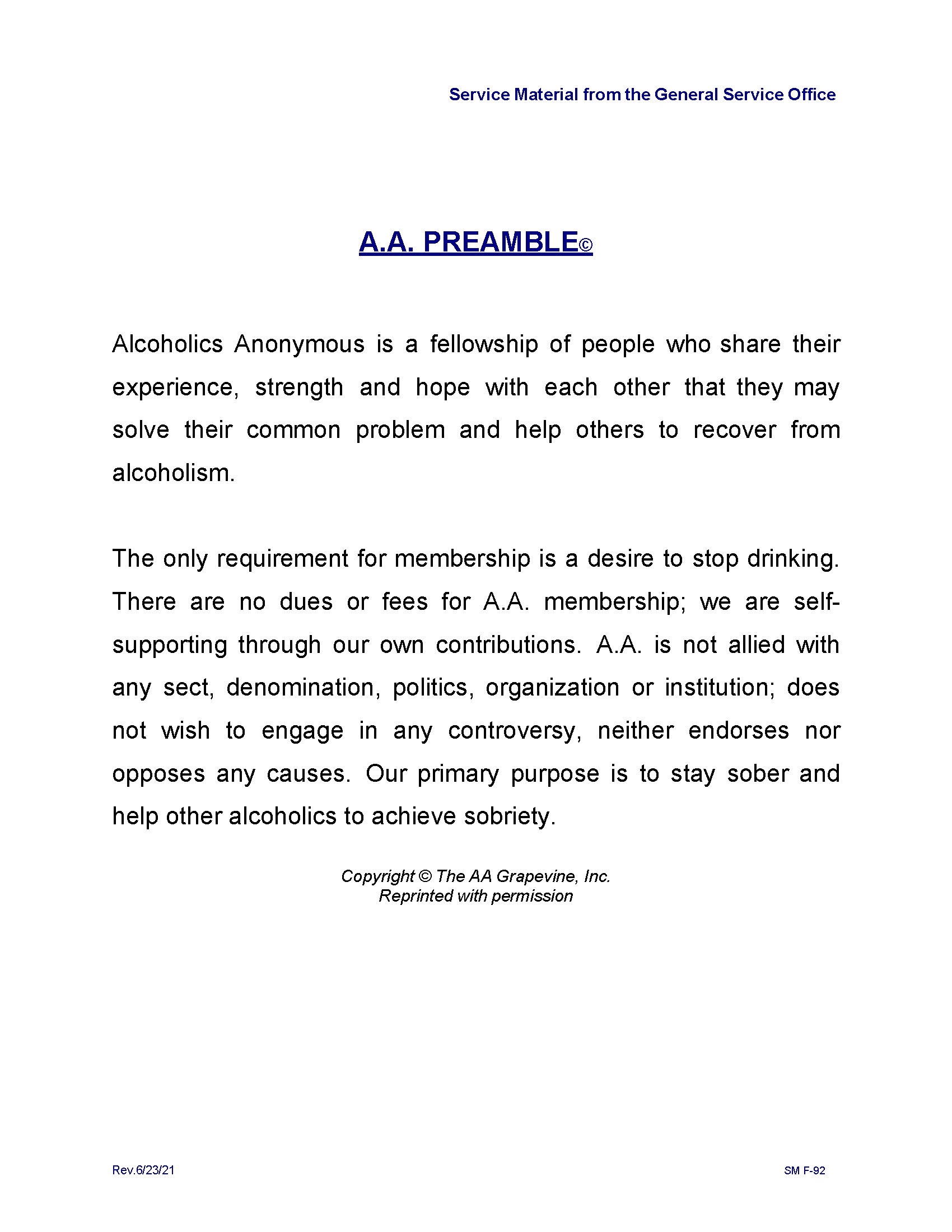 A A Preamble Alcoholics Anonymous