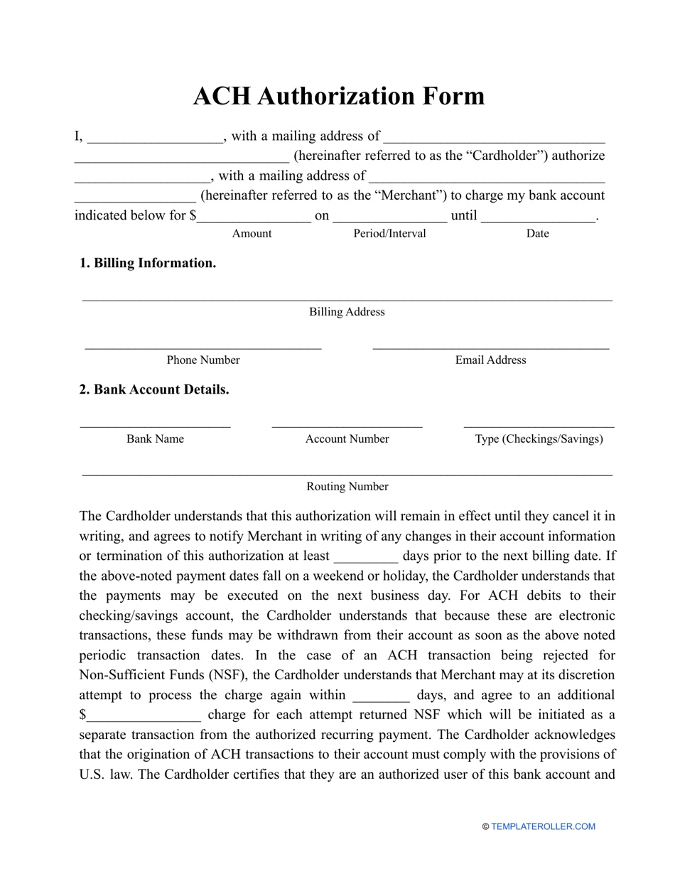 Printable Ach Authorization Form