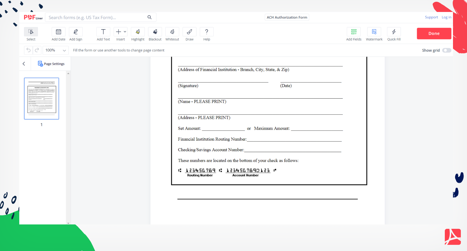 Printable Ach Form Template
