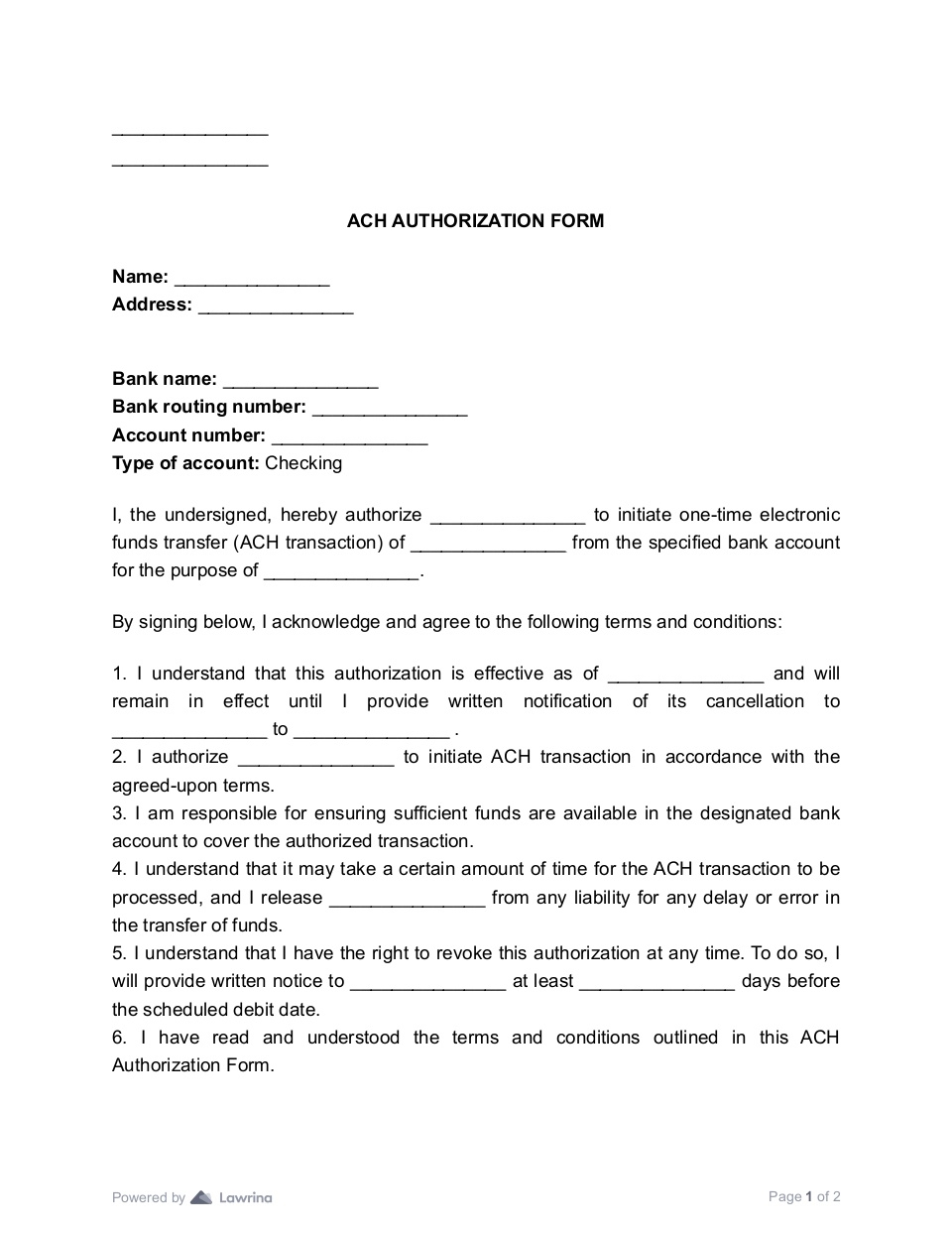 ACH Authorization Form Template PDF Lawrina