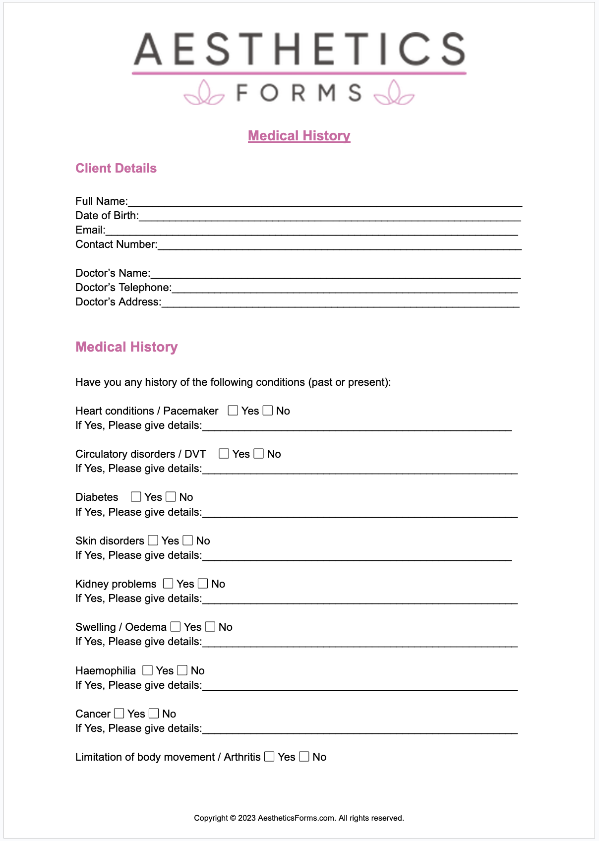 Aesthetics Medical History PDF Printable PDF Download