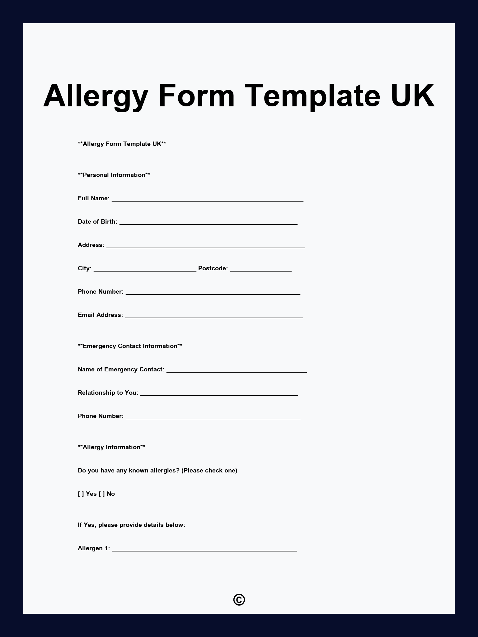 Allergy Form Template UK