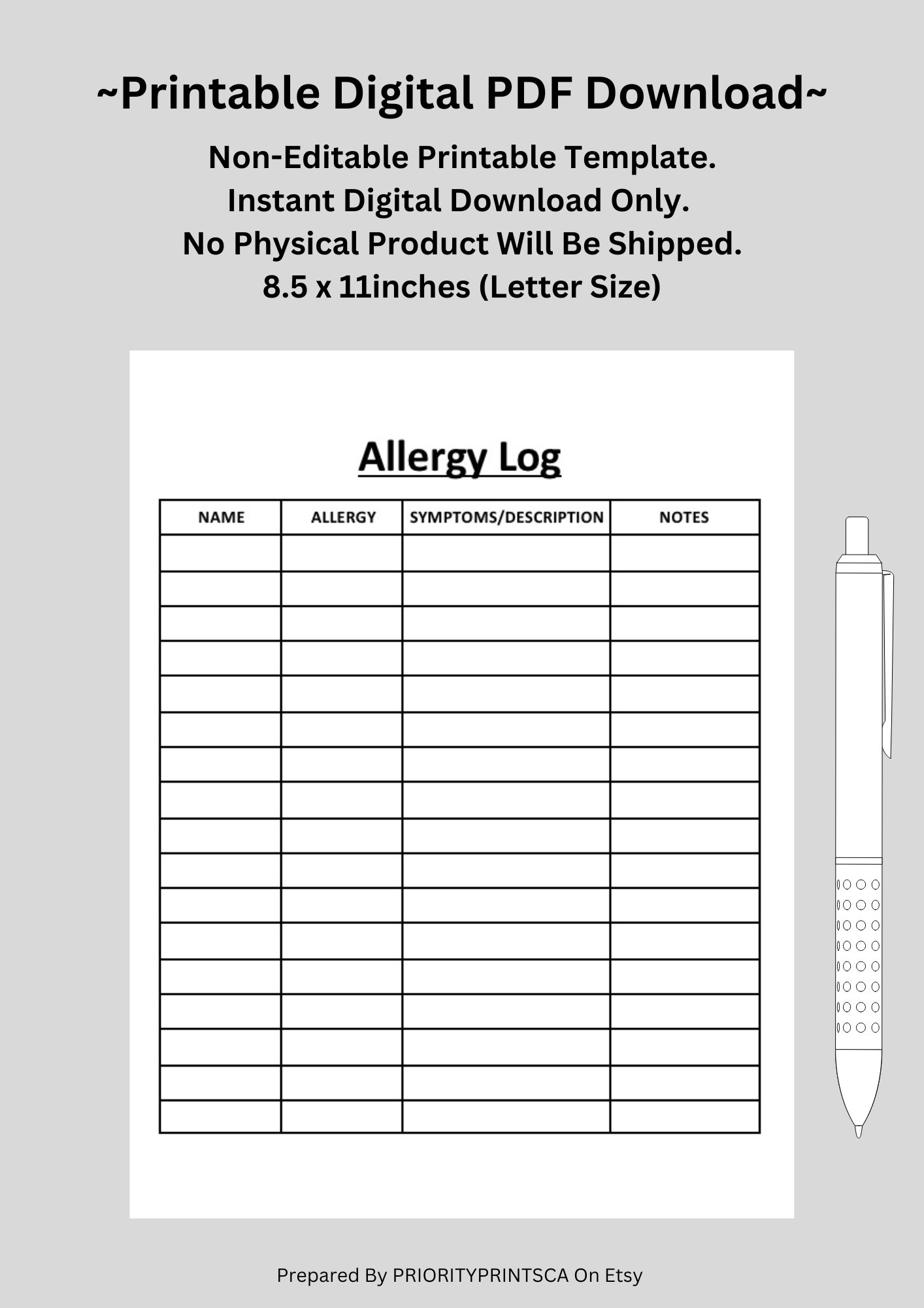 Allergy Log Allergies Allergy Form sheet Medical Conditions Printable US Letter Size Digital Download Etsy