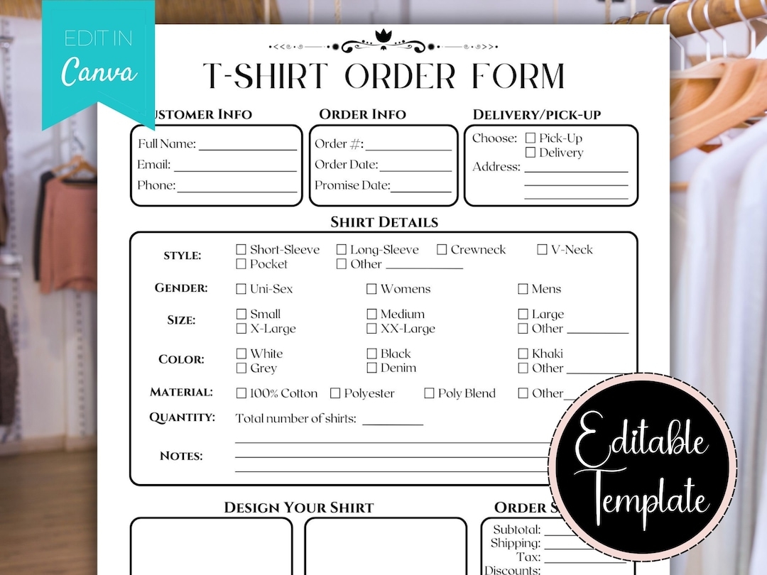 Apparel Order Form Editable Clothing Order Form T Shirt Order Form Printable New Shirt Order Template Canva Templates For Businesses Etsy