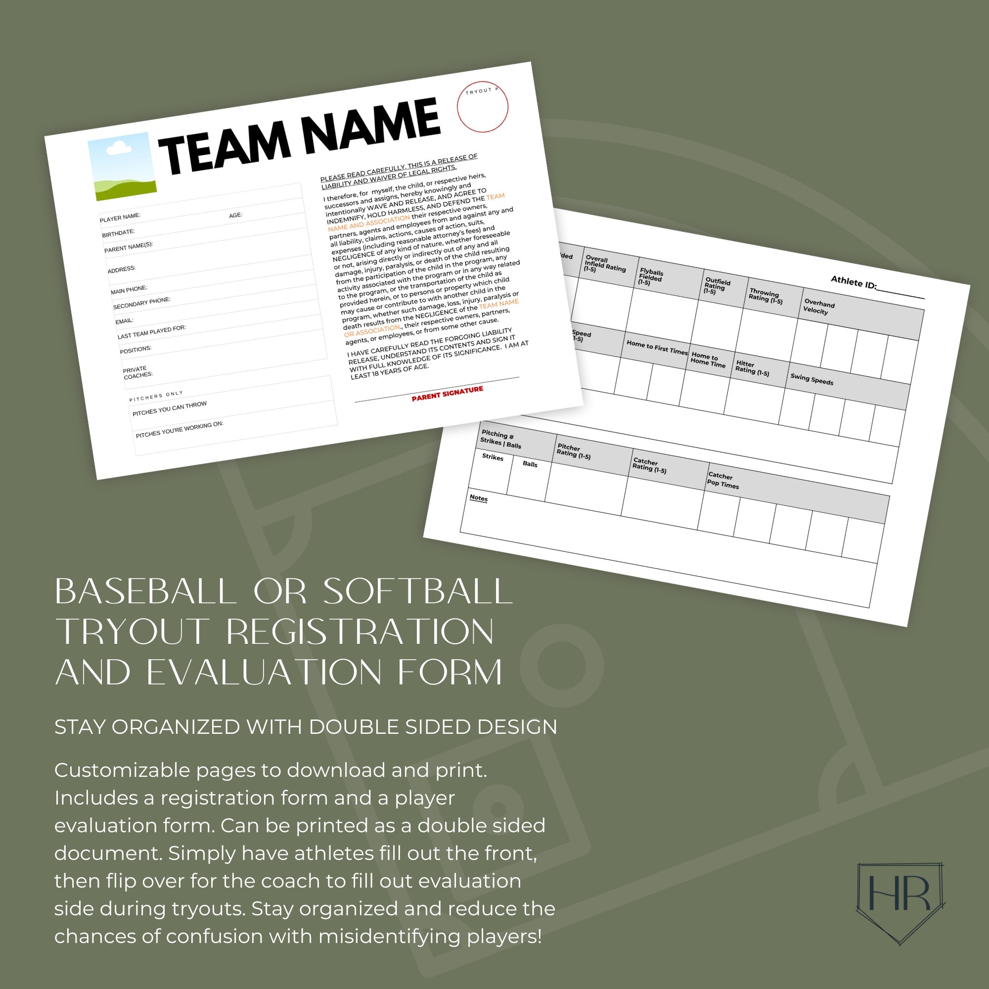 Athlete Evaluation With Tryout Sign Up Registration Template Baseball Softball Player Customizable Canva Printable Editable Digital Download Etsy