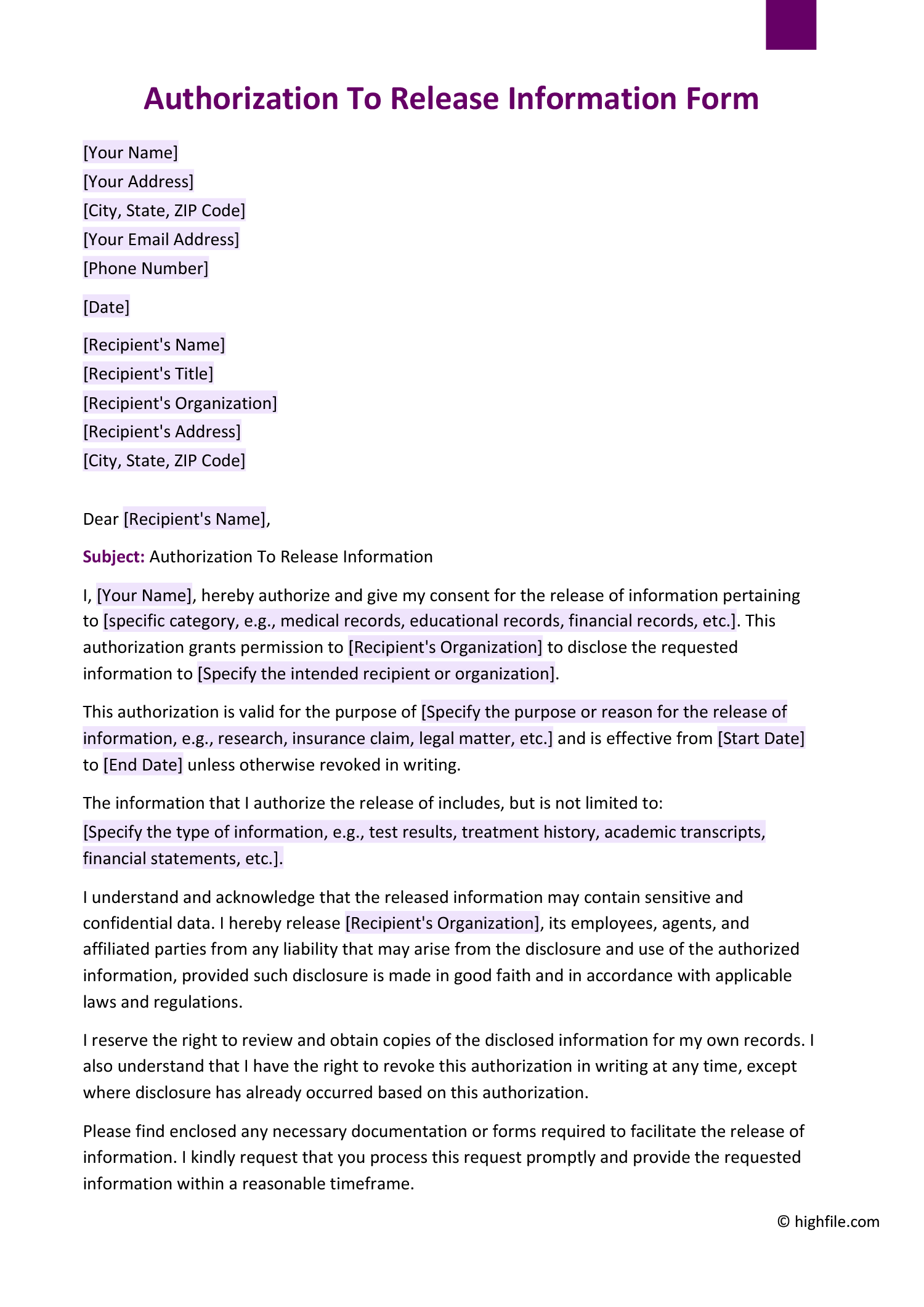 Authorization To Release Information Form Word PDF Google Docs Highfile