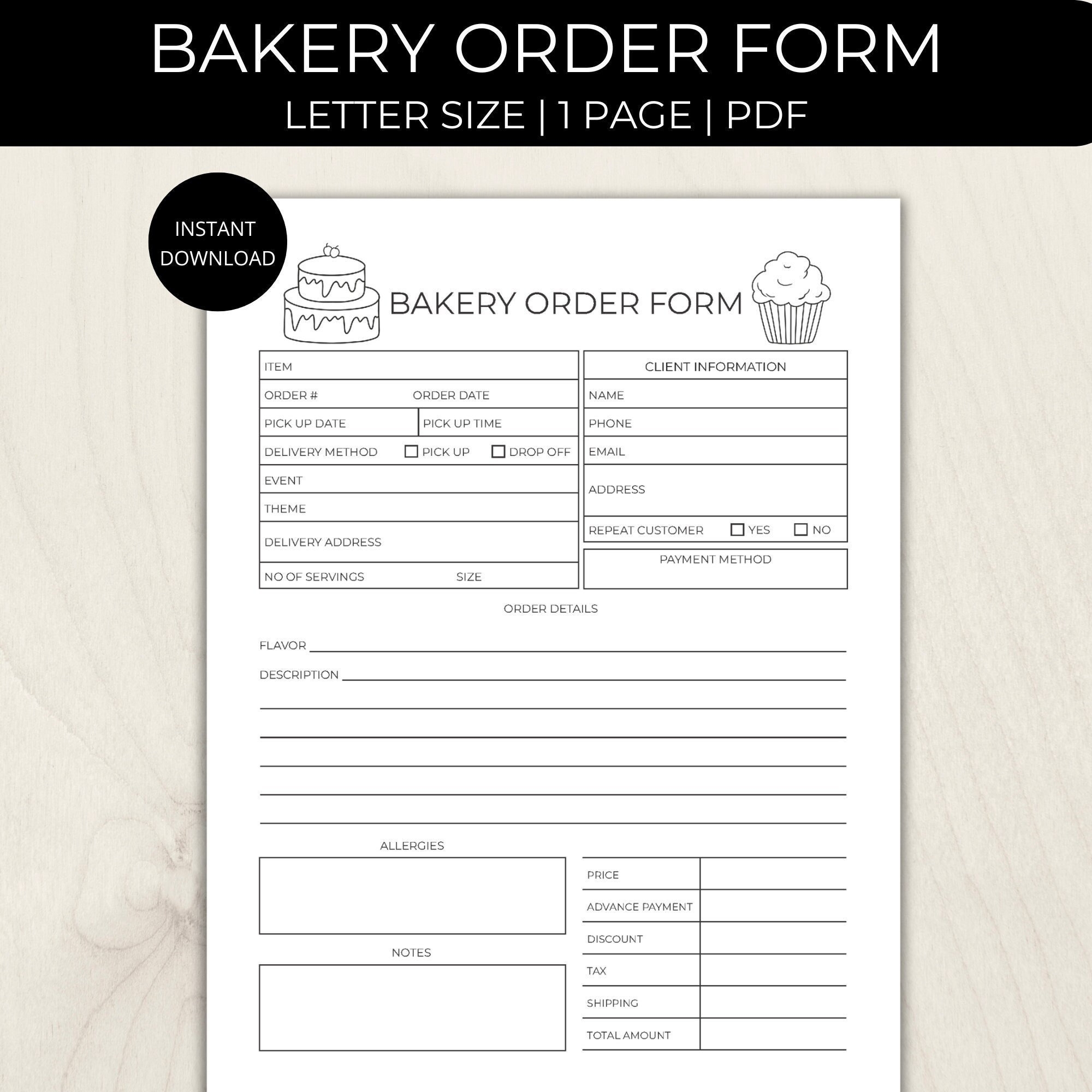 Bakery Order Form Fillable Cake Order Form Bakery Planner Printable Order Form For Small Business Template Bakery Order Form Receipt Etsy