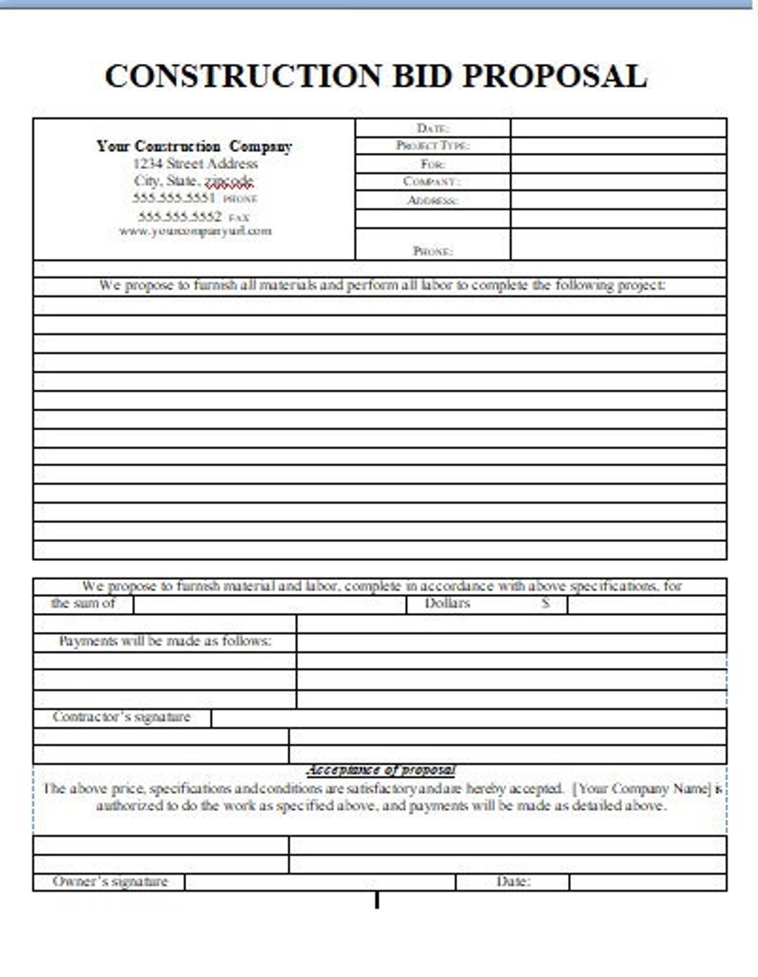 Bid Contruction Proposal Templates PRINTABLE FORM 8 5 By 11 Letter Document Etsy Denmark