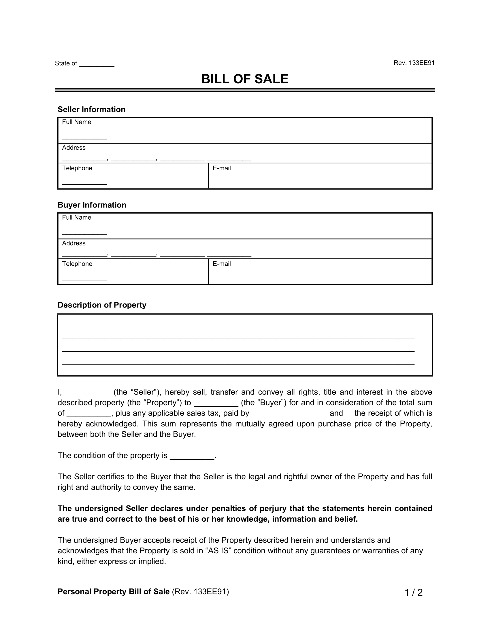 Printable Bill Of Sale Forms