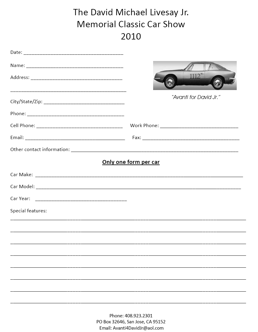 Printable Car Show Registration Form