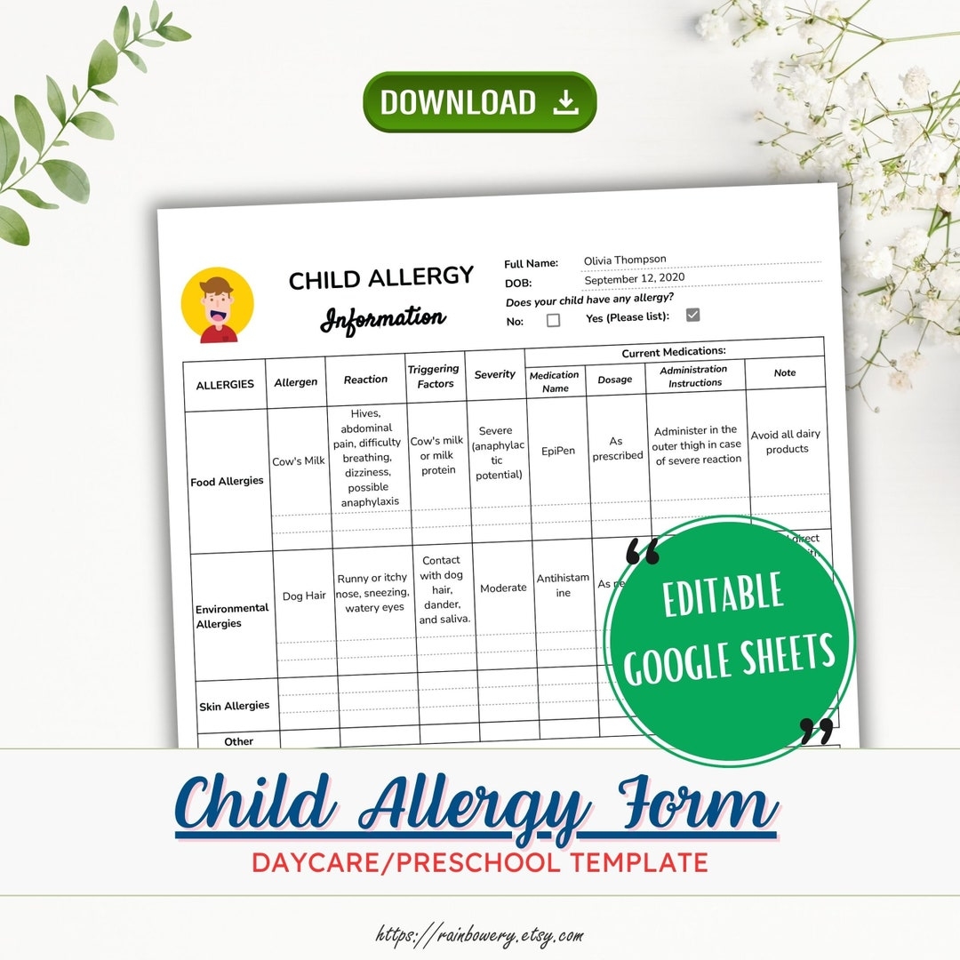Printable Allergy Form Template