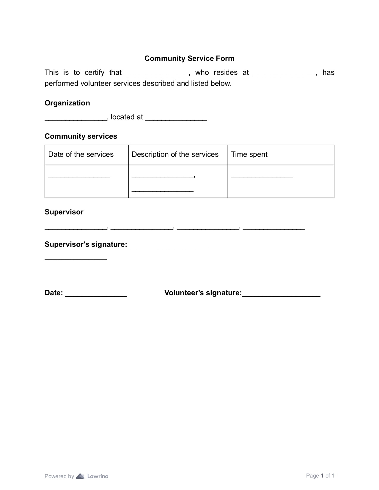 Community Service Form Template PDF Lawrina