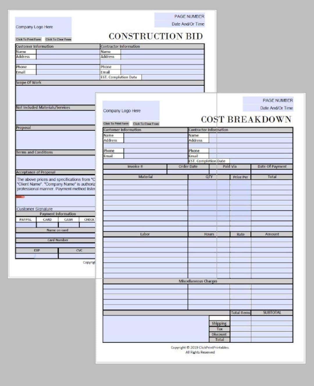 Construction Bid Project Form With Cost Breakdown Template Editable Downloadable Printable Small Business Fill In PDF black And White Etsy