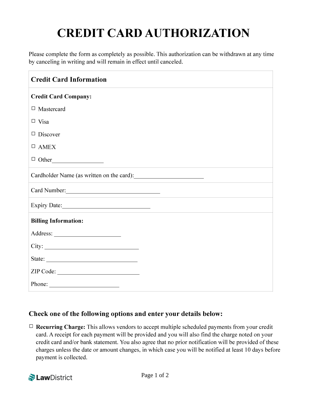 Printable Downloadable Credit Card Authorization Form Template