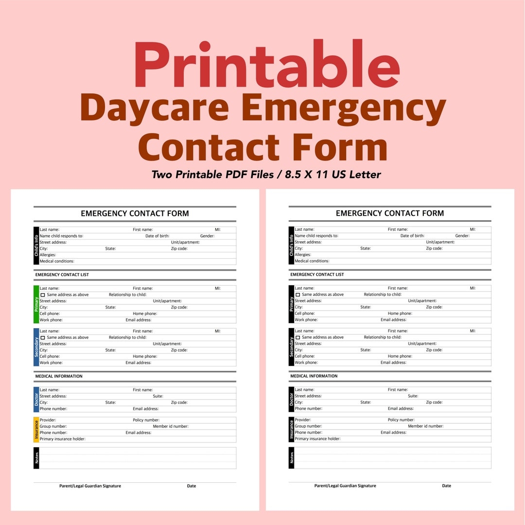 Daycare Emergency Contact List Emergency Contact Form Printable PDF Etsy