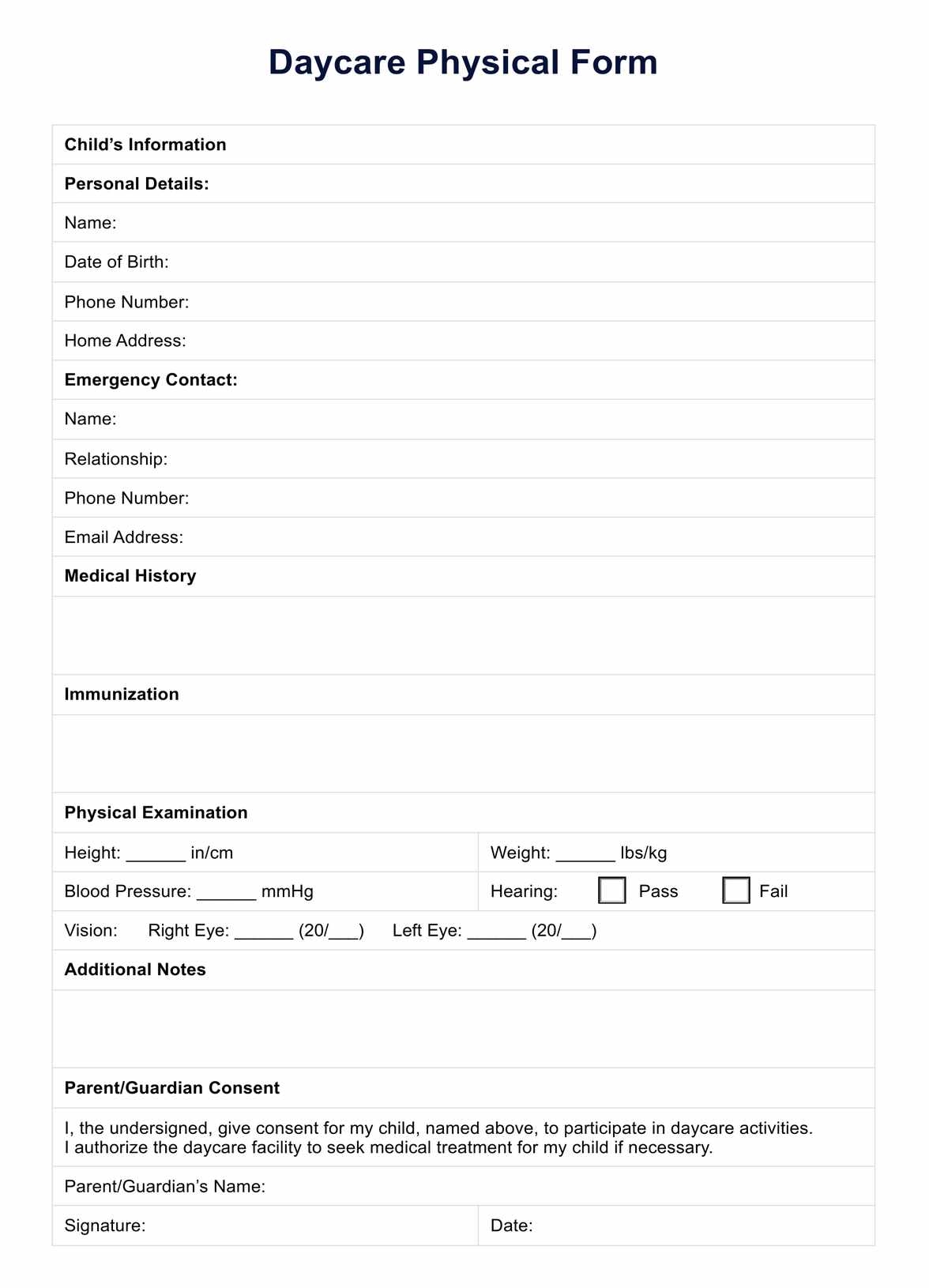 Daycare Physical Form Example Free PDF Download