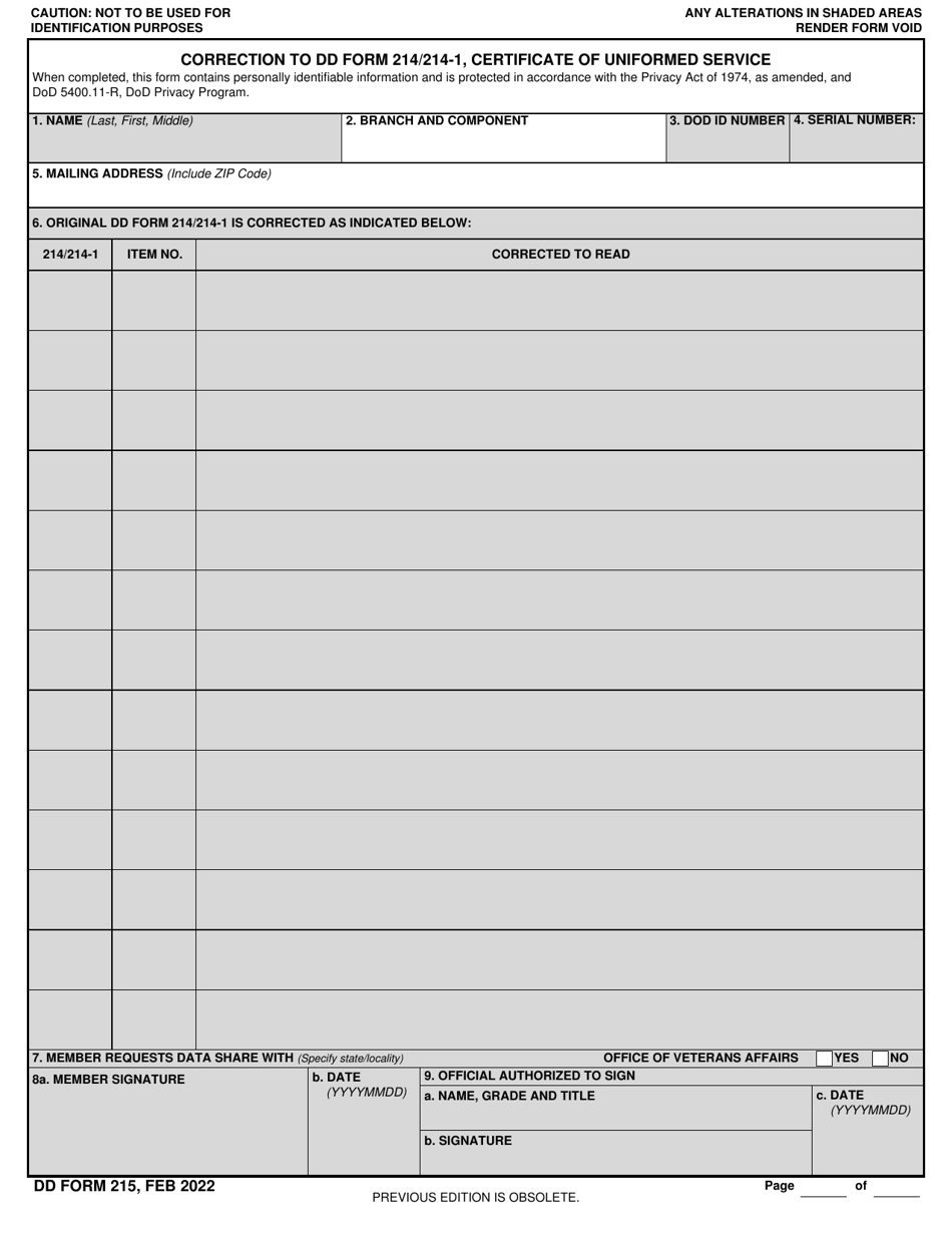 DD Form 215 Download Fillable PDF Or Fill Online Correction To DD Form 214 214 1 Certificate Of Uniformed Service 2009 2025 Templateroller