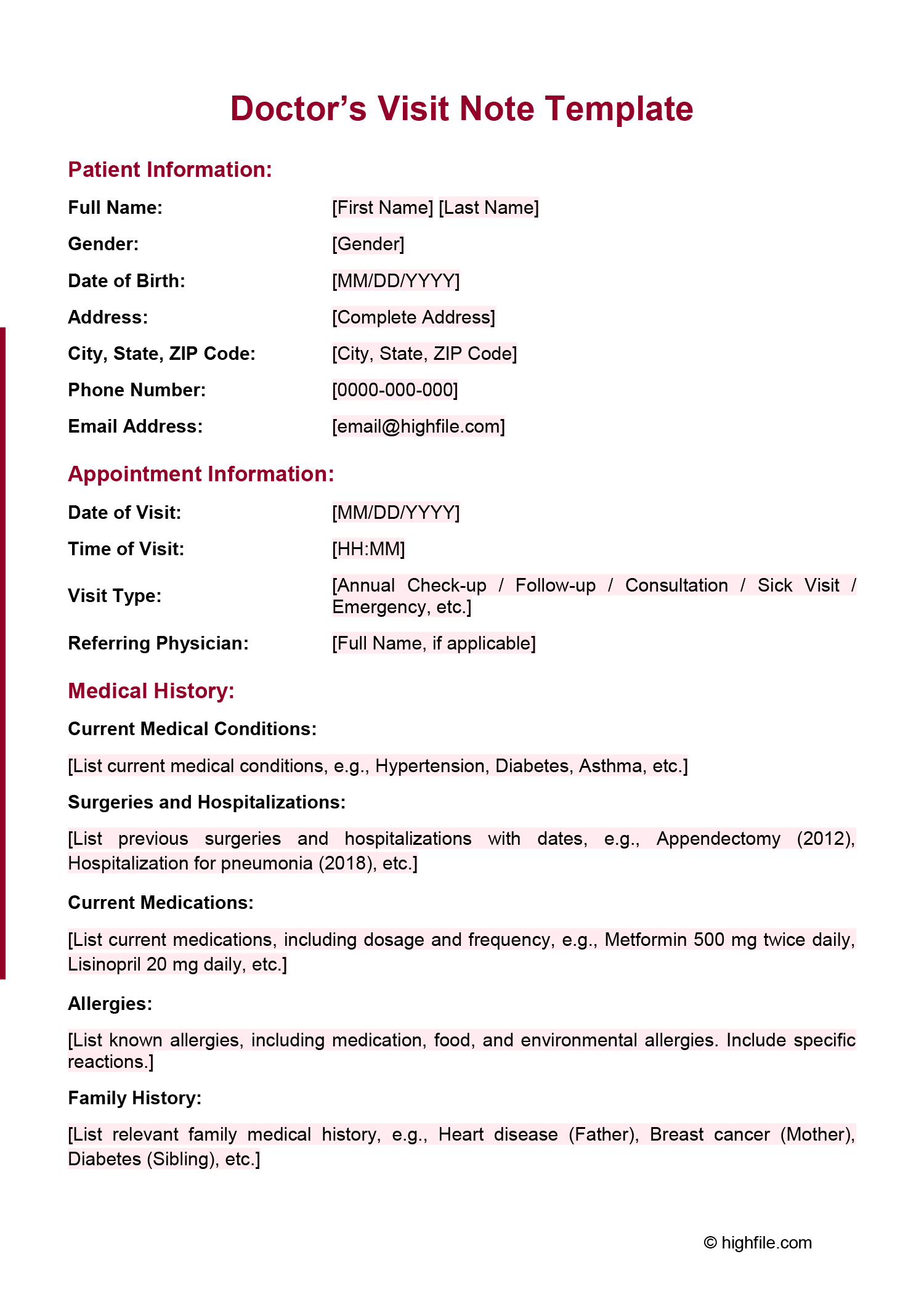 Doctor s Visit Note Template Word Google Docs Highfile