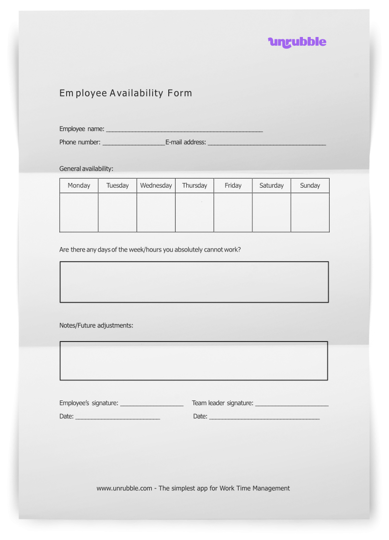 Download Free Employee Availability Form NOW Unrubble Templates