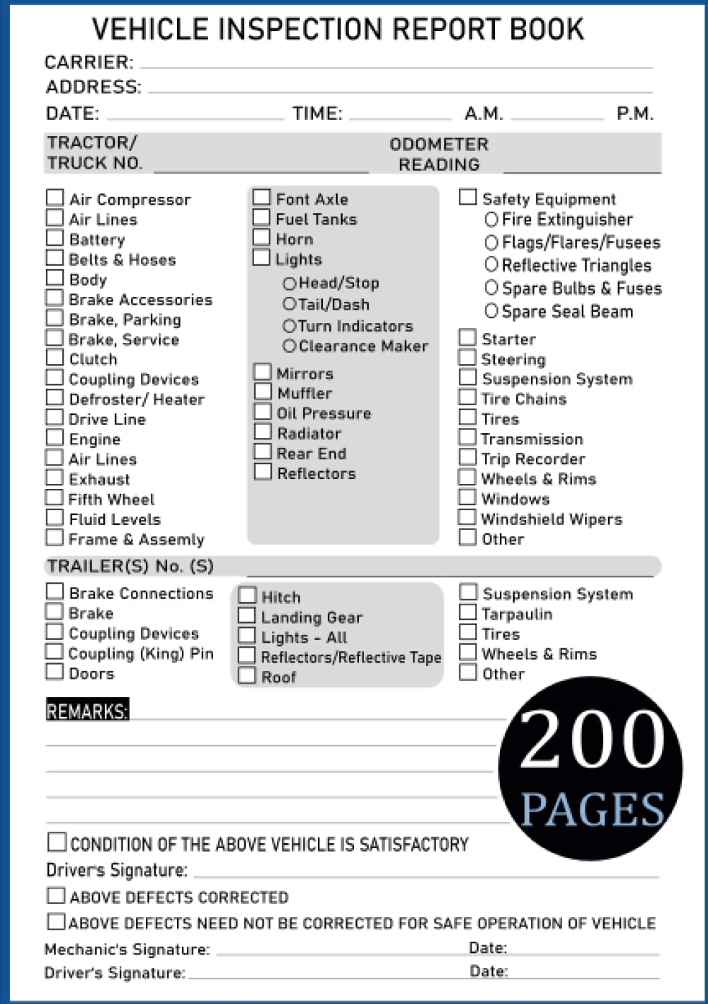 Driver Daily Vehicle Inspection Report Book Detailed Vehicle Inspection Checklist Log Book For Truck Drivers 100 Report Sheets 200 Single Sided Pages Publishing Sprintrip Amazon de Books