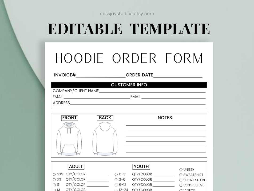 Editable Hoodie Order Form Template Custom Order Form Canva Template Printable Small Business Forms Etsy
