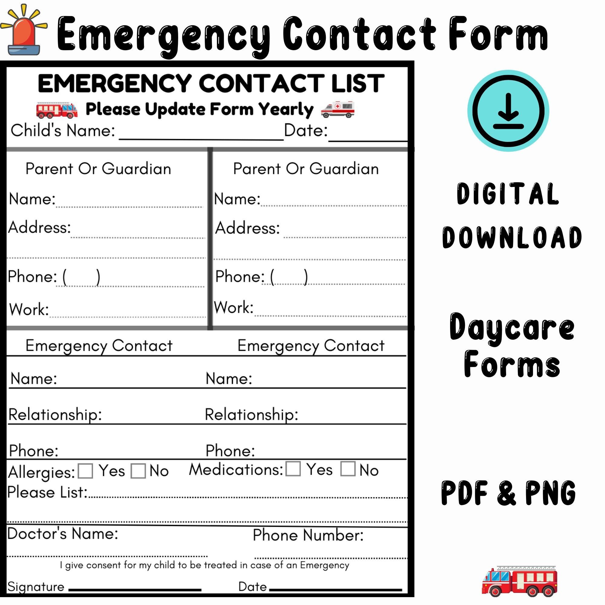 Emergency Contact Form Daycare Forms Preschool Forms Center Forms Etsy UK