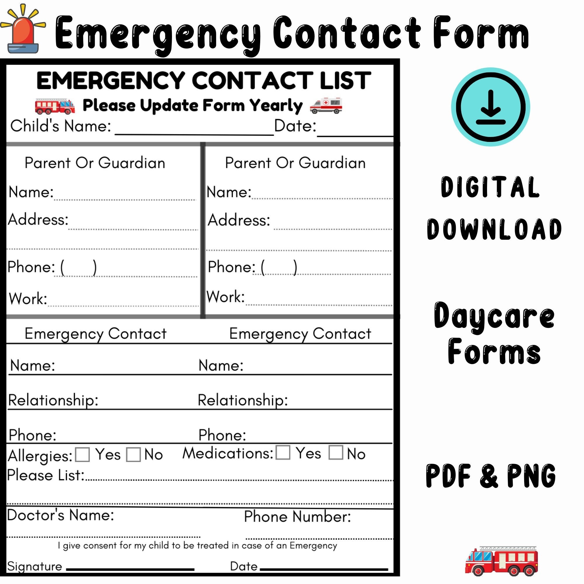 Emergency Contact Form Daycare Forms Preschool Forms Center Forms Etsy