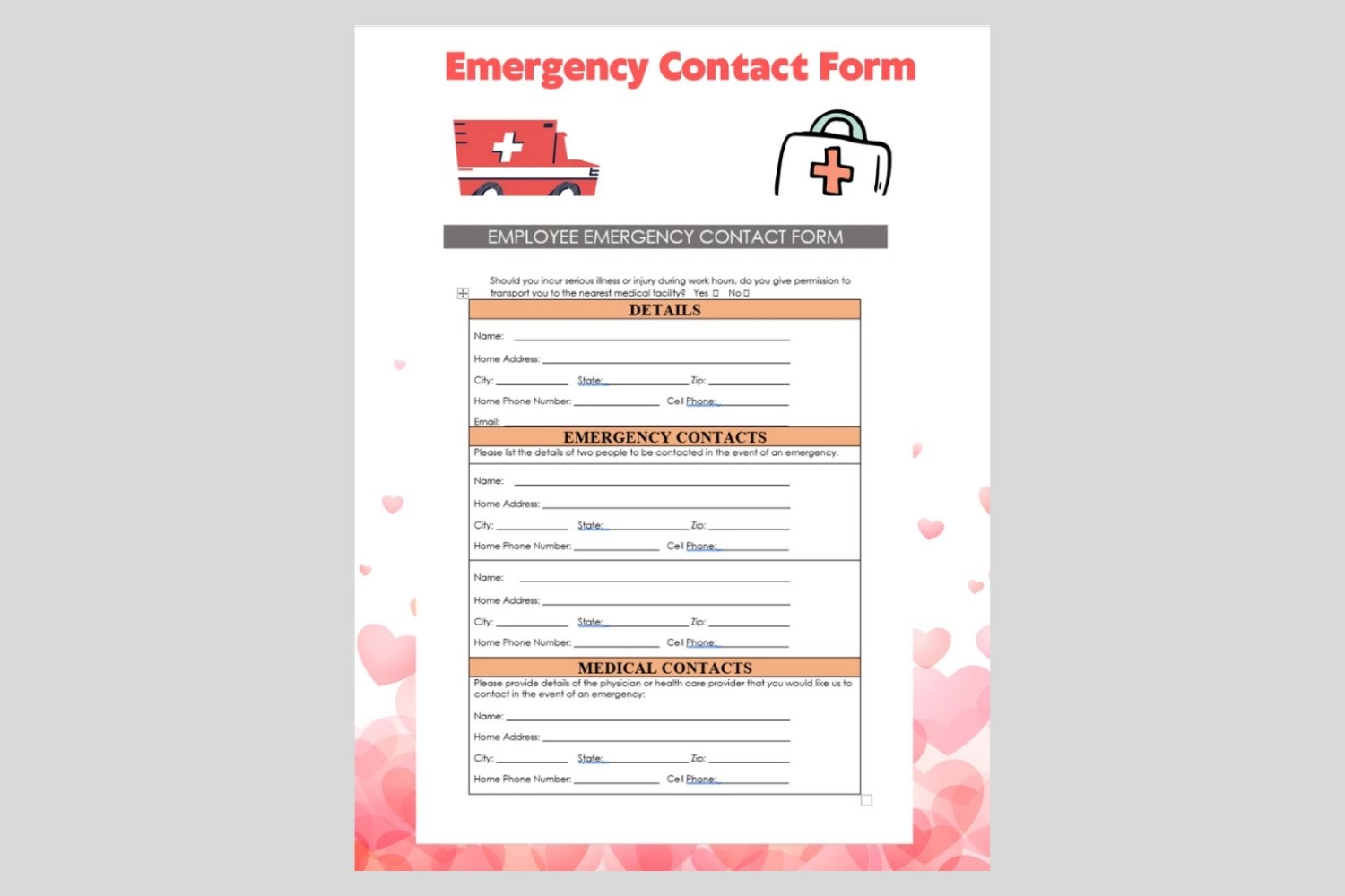 Emergency Contact Form Editable In WORD