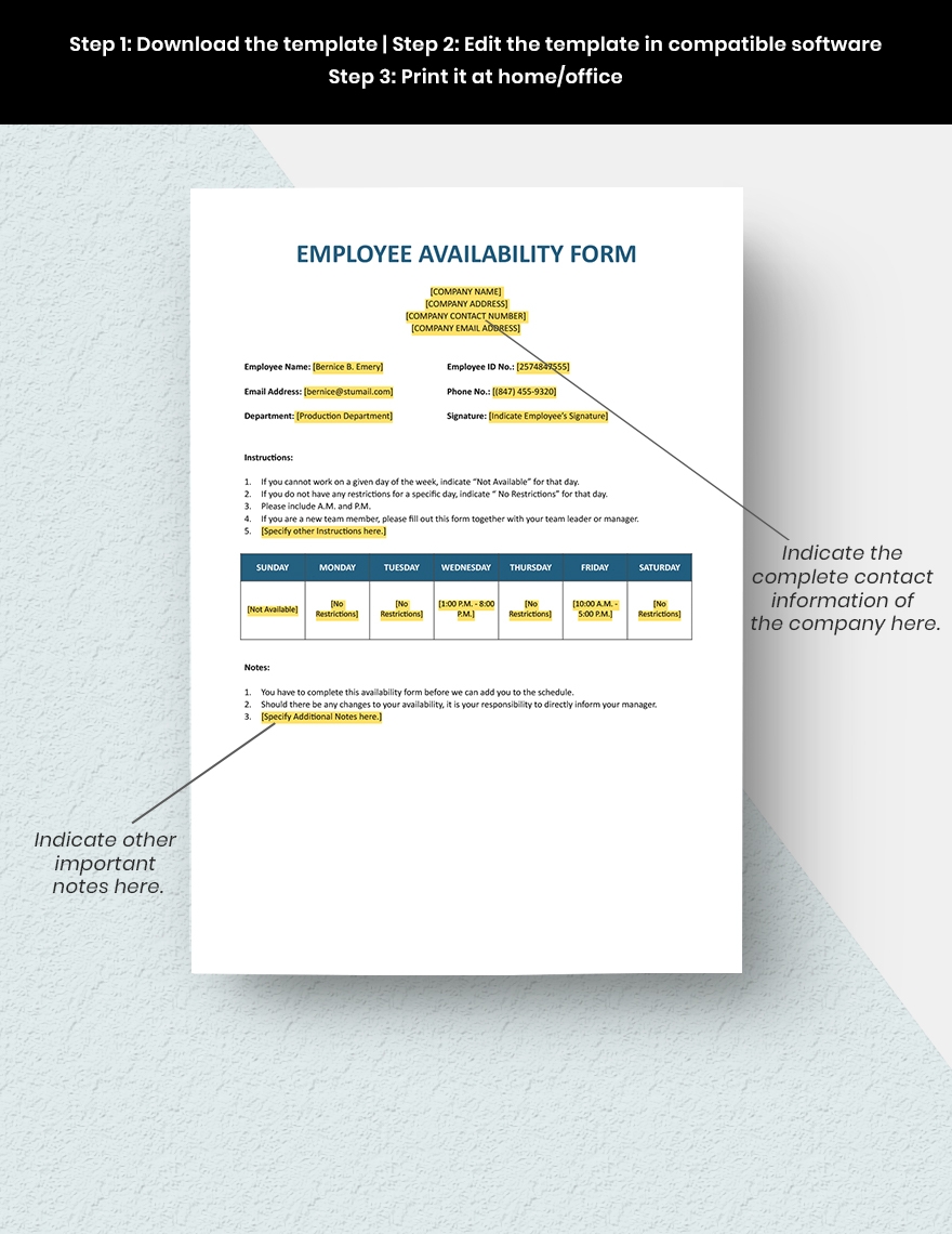 Printable Employee Availability Form