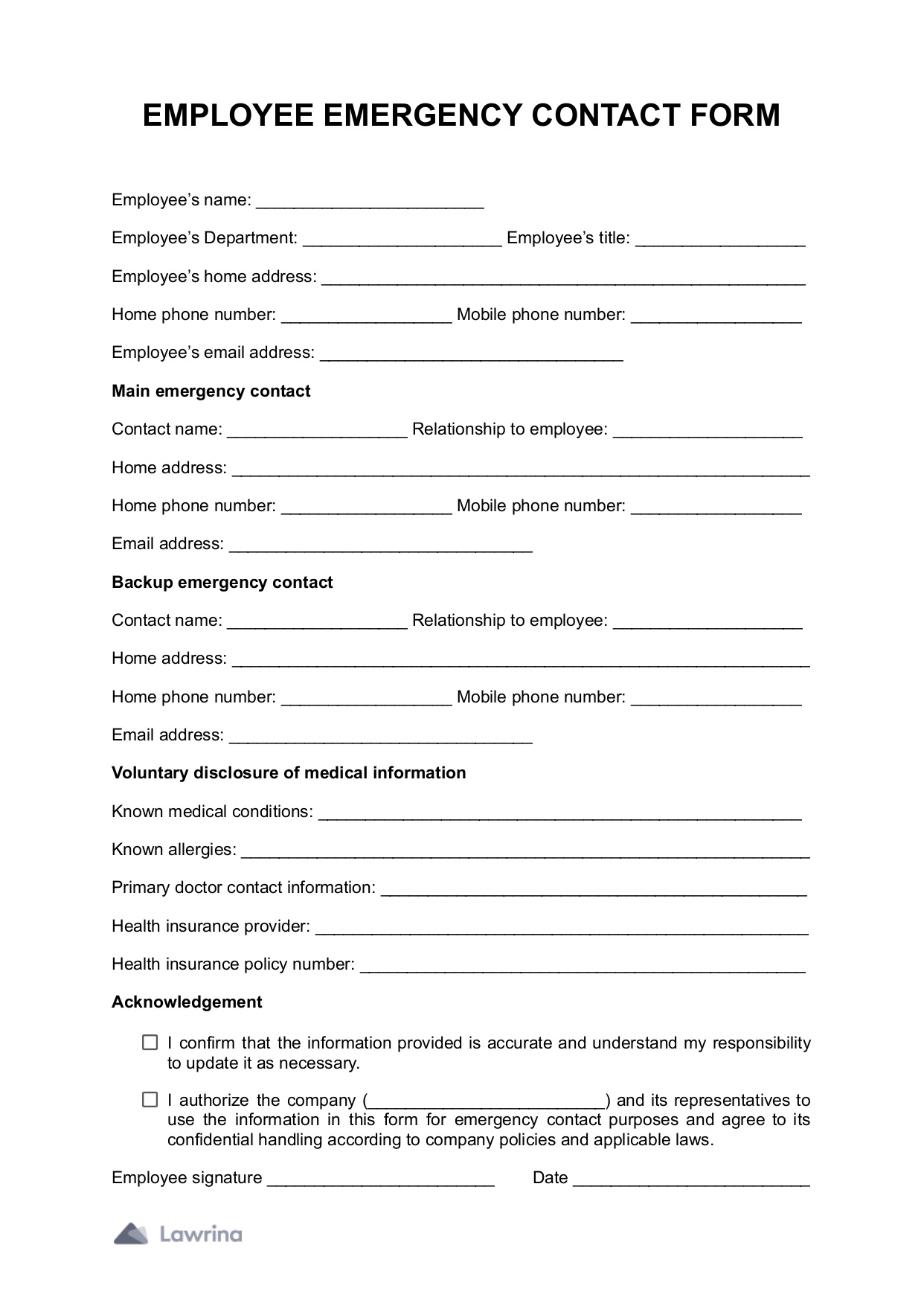 Employee Emergency Contact Form Template PDF Lawrina