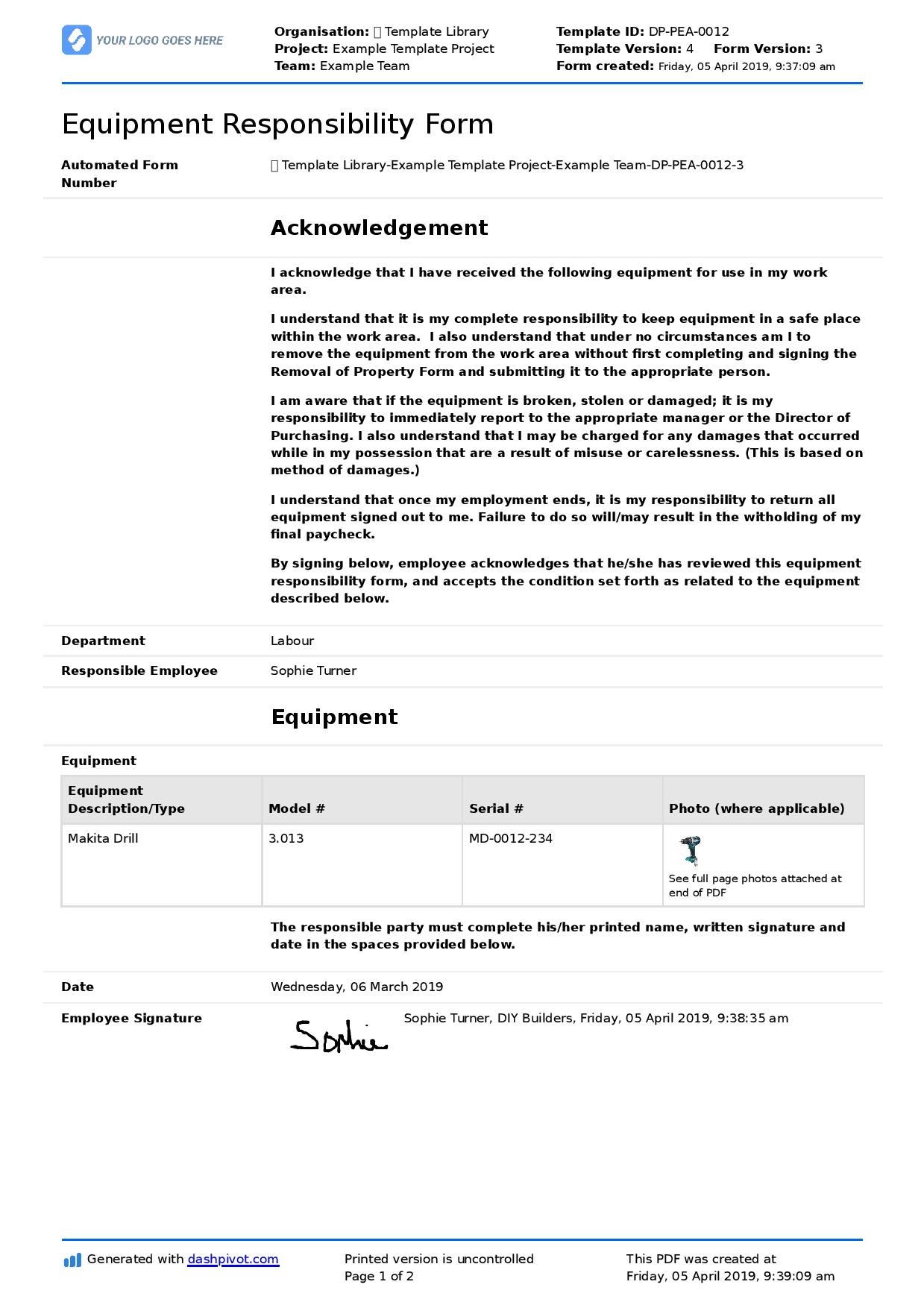 Employee Equipment Responsibility Form Template Use It For Free