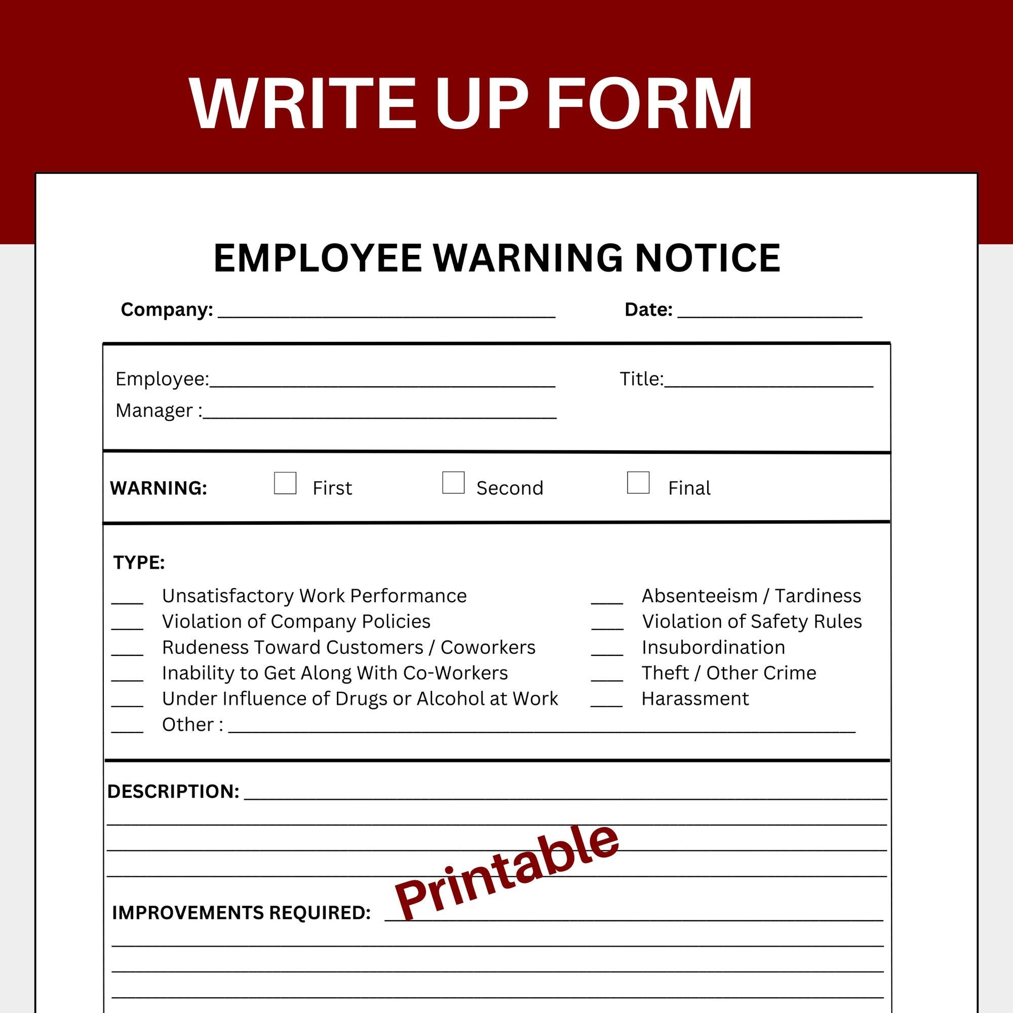 Write Up Form Printable