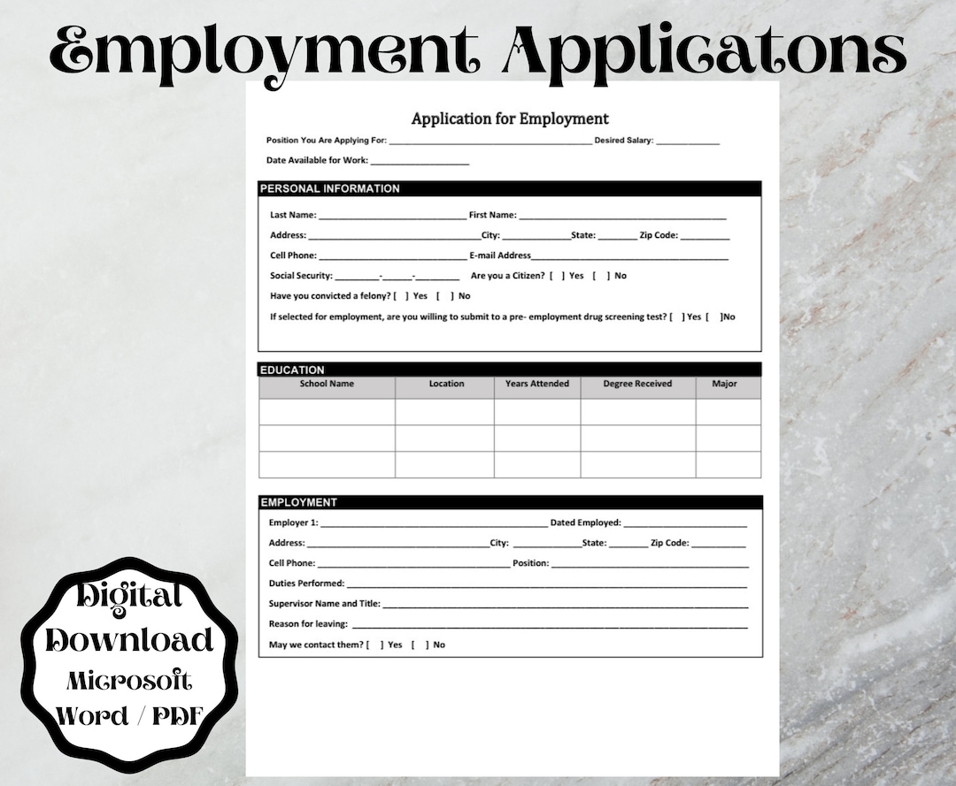 Employment Application Form Template word Printable Editable Etsy