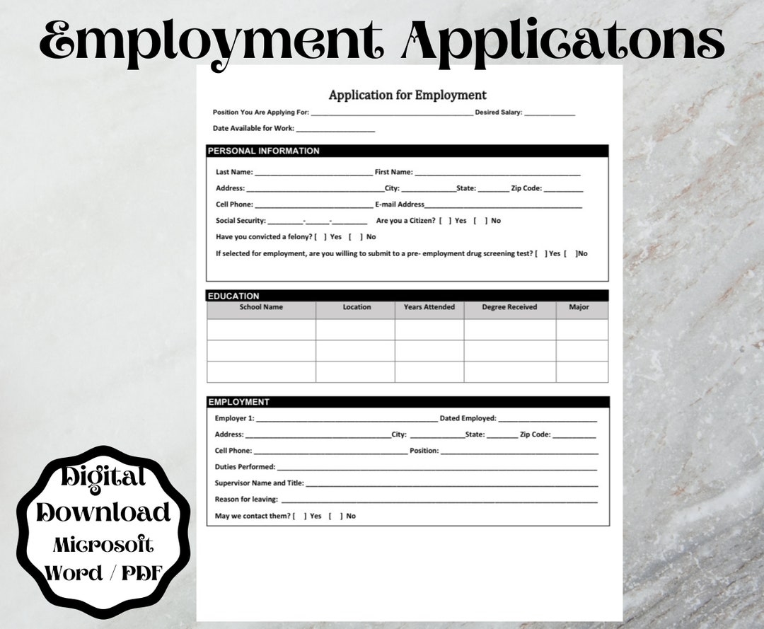 Employment Application Form Template word Printable Editable Etsy