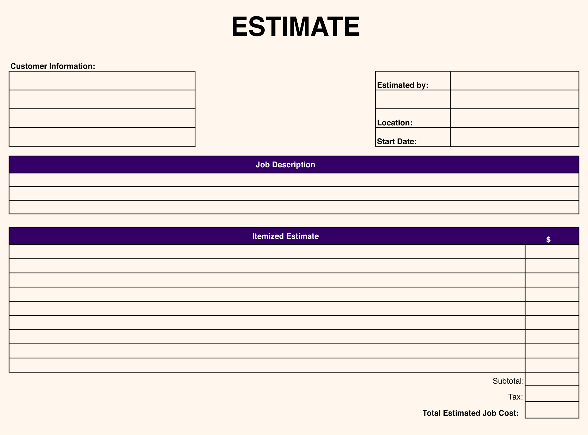 Job Estimate Form Printable