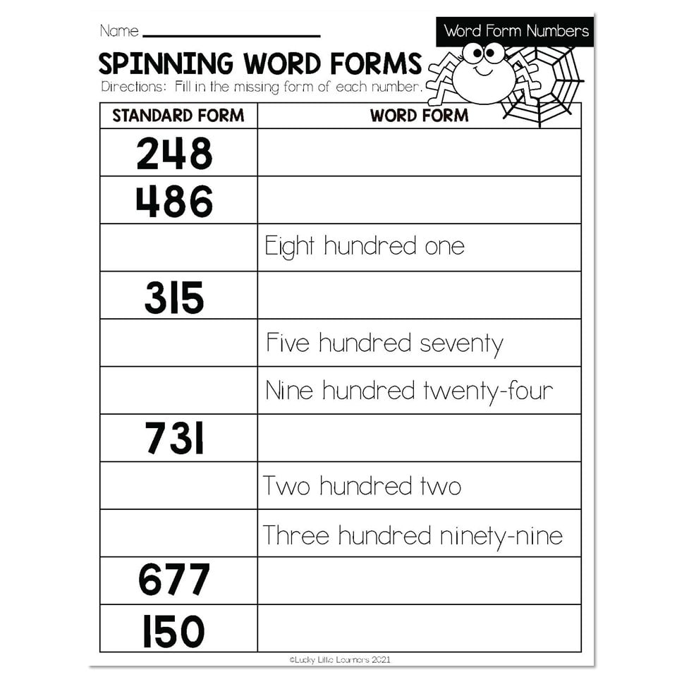 Fall Early Finishers 2nd Grade Math Word Form Numbers Spinning Word Forms Lucky Little Learners