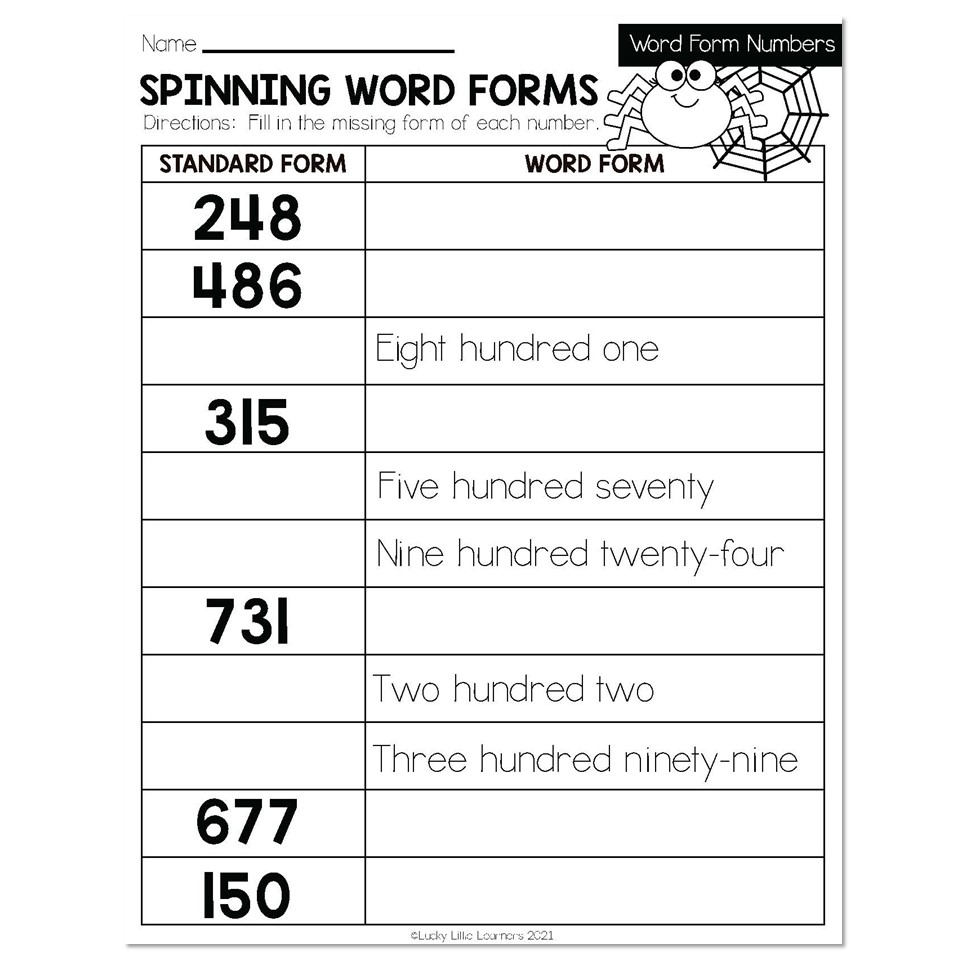 Fall Early Finishers 2nd Grade Math Word Form Numbers Spinning Word Forms Lucky Little Learners