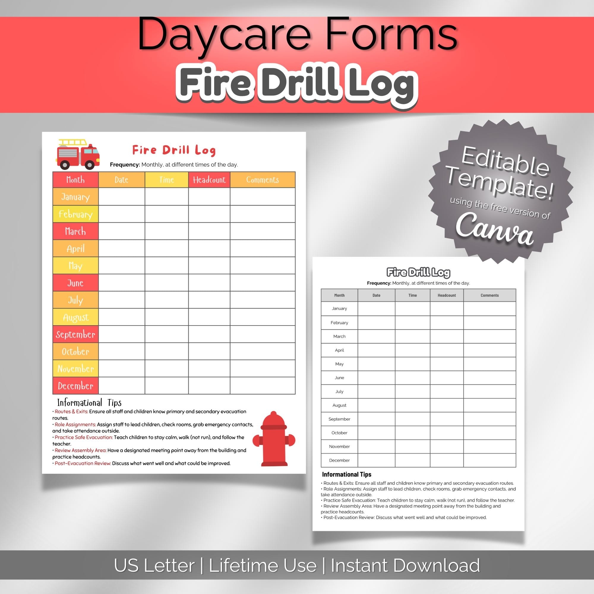 Fire Drill Log Template Fire Drill Record Form Daycare Preschool Classrooms Fire Drill Practice Fire Alarm Log School Fire Drill Etsy